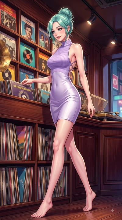 score_9, masterpiece, best quality, ultra-detailed, high-budget anime keyframe, editorial fashion photography, tasteful artistic composition, Japanese woman. low angle full-body shot from head to toe showing her feet, filling the entire 9:16 vertical