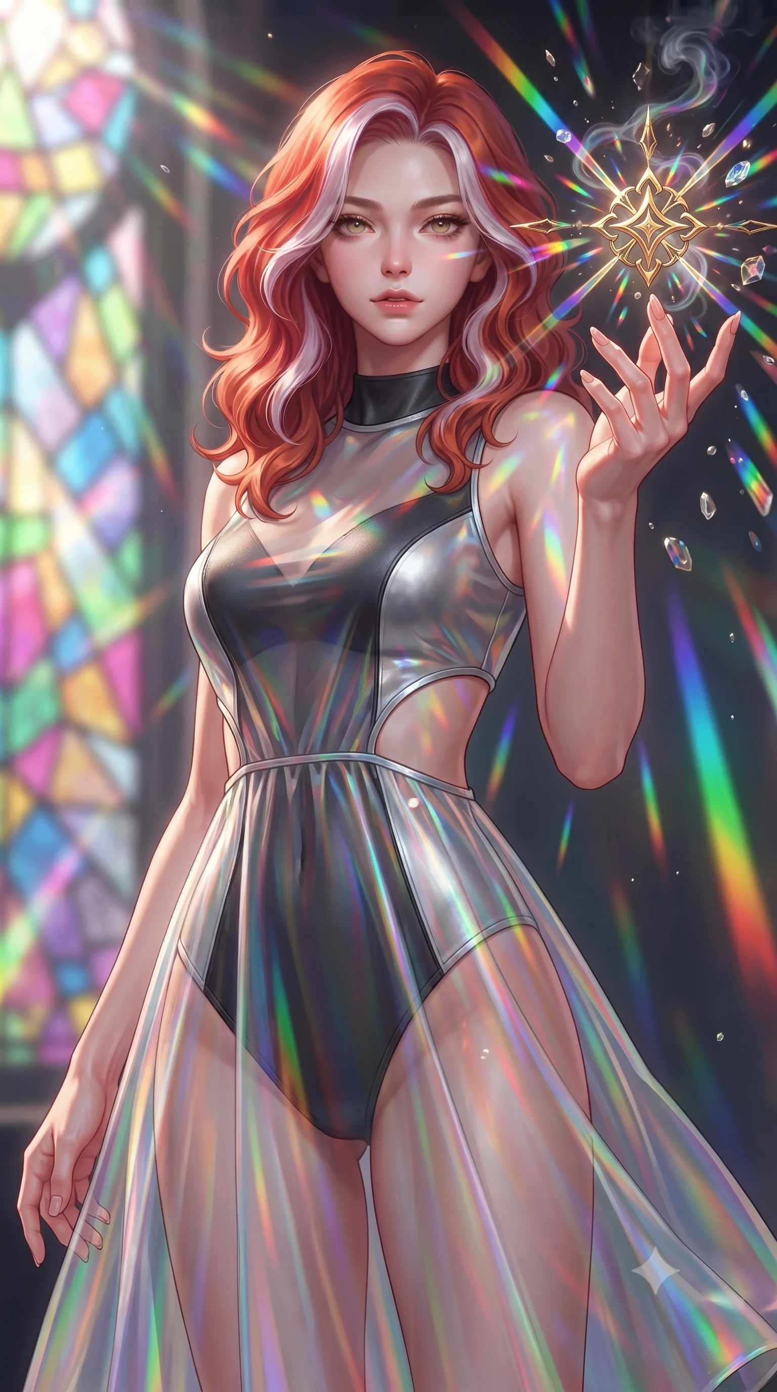 score_9, masterpiece, best quality, ultra-detailed, high-budget anime keyframe, editorial fashion photography, tasteful artistic composition, Caucasian woman. close-up cowboy shot from the waist and thighs up, the character dominates the composition, filling the frame with her large presence, background elements kept in soft focus. Reaching one hand gracefully toward the viewer with effortless superiority and allure touching a floating golden icon surrounded by kaleidoscope light rays, floating glass dust and incense smoke scattering colorful light beams. She has an exceptionally elegant, slender, and willowy female figure with an ultra-slim waist, a gracefully sculpted slender torso, and a refined silhouette. sharp v-shaped jawline, high-bridge nose, intricate jewel-like eyes with depth, thick eyelashes, glossy lips with a natural sheen. wearing a semi-opaque sheer overlay dress over a leather micro-bodysuit in matte black and polished silver, crafted from iridescent chiffon that shifts colors in the light, featuring clean architectural cutouts along her slender torso, the form-contouring material highlighting her ultra-slim waist and long lines. bathed in cascading rainbow prismatic light refracting through stained glass. highly saturated vibrant anime colors, detailed shading with soft gradients, rich glossy textures, high-contrast stereoscopic depth, volumetric dynamic lighting, master piece, 9:16 ratio