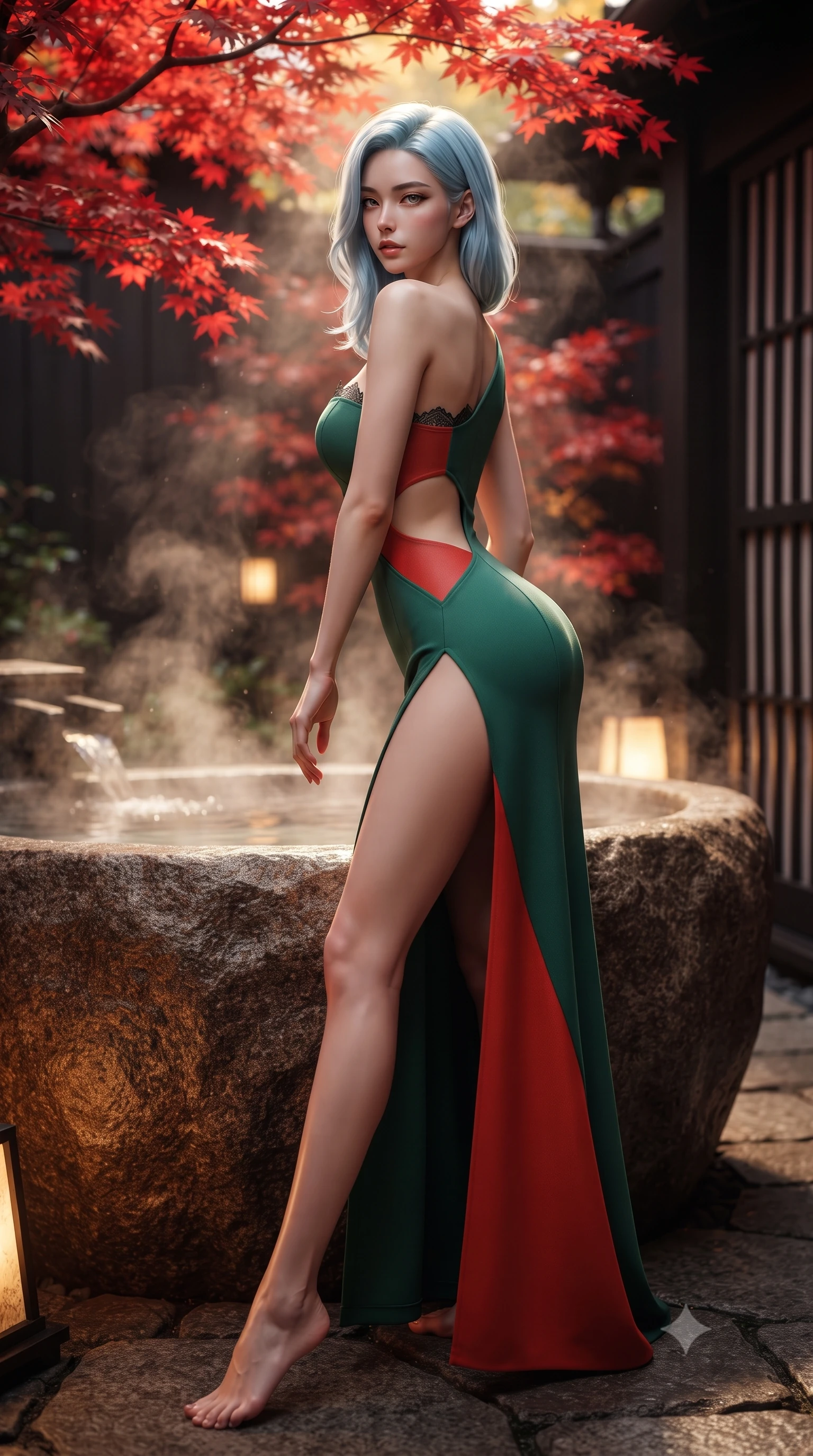 score_9, masterpiece, best quality, ultra-detailed, high-budget anime keyframe, editorial fashion photography, tasteful artistic composition, Korean woman. low angle full-body shot from head to toe showing her feet, filling the entire 9:16 vertical frame with her statuesque presence, stretching her vertical silhouette. walking along the terrace with poise, looking back over her bare shoulder with an irresistible smoldering bedroom-gaze while leaning against the volcanic boulder tub rim with hips cocked back, looking through rising mineral steam with intoxicating bedroom-eyes. The background shows a soft-focus vibrant scarlet Japanese maple leaves overhanging the bath, dark timber machiya lattice walls, and rising mineral steam blurred into crimson, amber, and charcoal bokeh. She has an absolutely perfect, statuesque 8.5-heads proportion, an exceptionally tall and slender model-like female figure with impossibly long slender legs, an ultra-slim waist, a flat toned midriff, narrow delicate ribcage, and beautifully sculpted feminine hips creating a graceful, slim hourglass silhouette without any bulky heaviness. sharp v-shaped jawline, high-bridge nose, sparkling eyes with hypnotic seductive depth, thick curled eyelashes, glossy parted lips with a natural dewy peach sheen, alluring bedroom-eyes with an enchanting coquettish smile, exuding magnetic siren charisma and sophisticated glamour, flawlessly proportioned anatomical accuracy, strict slender model proportions, natural body alignment, perfectly sculpted long slender limbs, ultra-slim waistline, clean dynamic posture without body distortion. wearing an asymmetric one-shoulder liquid jersey gown with dramatic hip-high slit and sculptural waist cutout in Kyoto bamboo jade and lacquer vermilion, tailored from fine structural neoprene with crisp architectural edges and smooth contouring, finished with scalloped eyelash lace trim framing her sweetheart neckline with intimate elegance, the high-slit wrap tailoring accentuating her ultra-slim waistline and the enchanting curve of her feminine hips with alluring seductive charm. bathed in warm underwater thermal tub illumination paired with amber courtyard lantern glow. ultra-reflective glossy finish, specular highlights, rich textural contrasts, high-contrast stereoscopic depth, volumetric dynamic lighting, 2k, ultra detail, master piece, 9:16 ratio