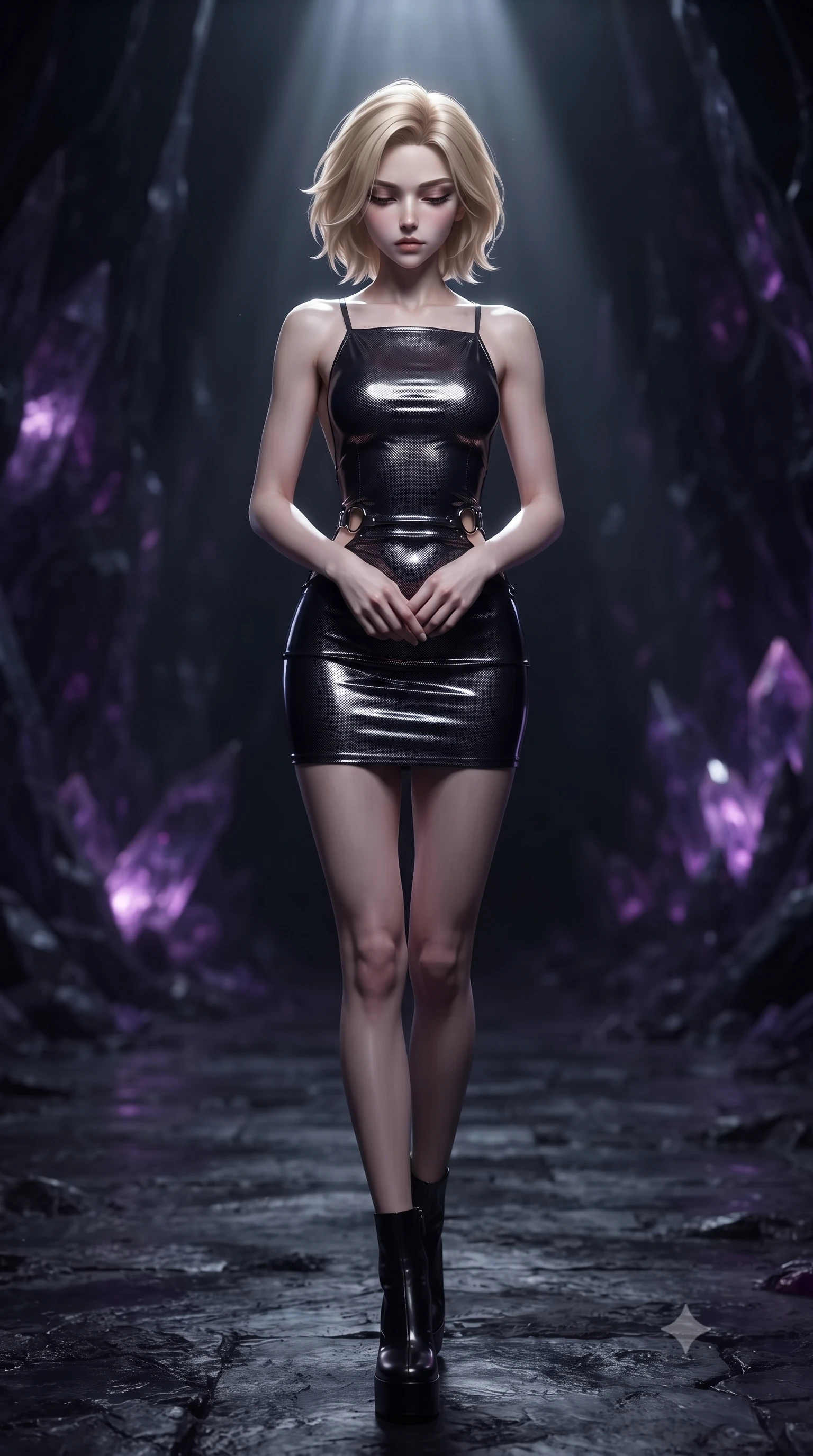 score_9, masterpiece, best quality, ultra-detailed, high-budget anime keyframe, editorial fashion photography, tasteful artistic composition, Caucasian woman. close-up cowboy shot from the waist and thighs up, the character dominates the composition, filling the frame with her large presence, background elements kept in soft focus. Looking down with lowered lashes and a composed, powerful dark aura, navigating an obsidian needle monolith chamber illuminated by dark violet crystal veins, glowing amethyst veins in the obsidian walls casting an eerie inner glow. She has an exceptionally elegant, slender, and willowy female figure with an ultra-slim waist, a gracefully sculpted slender torso, and a refined silhouette. sharp v-shaped jawline, high-bridge nose, intricate jewel-like eyes with depth, thick eyelashes, glossy lips with a natural sheen. wearing backless liquid vinyl mini slip dress with bare shoulder neckline in obsidian black, made of fine dark contouring mesh, trimmed with dark chrome ring hardware along the waist contours, contouring every curve with an exceptionally elegant silhouette. lit by a cold silver beam cutting through pitch-black darkness. ultra-reflective glossy finish, specular highlights, metallic sheen, high-contrast stereoscopic depth, volumetric dynamic lighting, 2k, ultra detail, master piece, 9:16 ratio