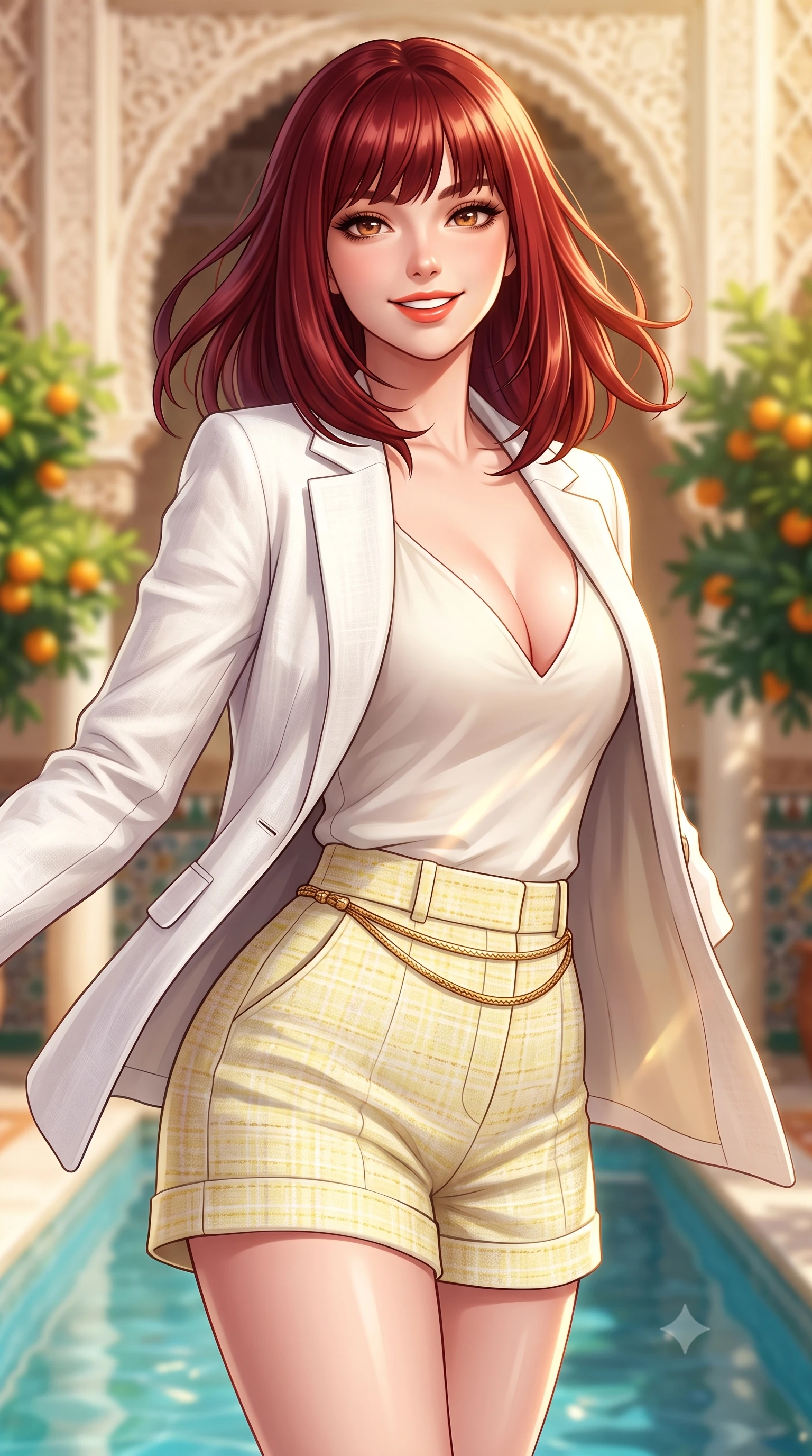 score_9, masterpiece, best quality, ultra-detailed, high-budget anime keyframe, semi-realistic 3D game render, editorial fashion photography, tasteful artistic composition, Caucasian woman. close-up cowboy shot from the waist and thighs up, the character dominates the composition, filling the frame with her large presence. turning playfully with a bright confident smile, her glossy hair tossing in the coastal breeze as her hips angle gracefully in a captivating contrapposto while twisting her slender torso in an alluring contrapposto stance, Moorish tile reflections and golden sunbeams playing across her narrow waist and hips. The composition keeps background elements in soft focus with dreamy creamy bokeh. soaring horseshoe arches, intricate stucco plasterwork, and fragrant bitter orange trees blurred into ochre, terracotta, and emerald bokeh. She has an exceptionally elegant, slender, and willowy female figure with an ultra-slim waist, flat toned midriff, narrow ribcage, and sculpted feminine hips creating an alluring, slim hourglass silhouette without bulk. sharp v-shaped jawline, high-bridge nose, sparkling amber-hazel eyes with depth, long lush eyelashes, glossy sun-kissed lips with a warm coral glaze, radiant teasing smile with sensual sunlit bedroom-eyes, exuding effortless old-money elegance and intoxicating sun-drenched allure, flawlessly proportioned anatomical accuracy, strict slender model proportions, natural body alignment, perfectly sculpted long slender limbs, ultra-slim waistline, clean dynamic posture without body distortion. wearing a breezy white linen tailored blazer worn over a plunging-V camisole and high-waisted tailored linen shorts in pastel limoncello yellow and vanilla cream, tailored from soft pastel resort tweed with subtle gold thread shimmer, finished with a delicate gold snake chain belt resting loosely on her curvy hips, the form-contouring cut accentuating her sculpted flat midriff, narrow delicate ribcage, and gracefully curvy hips with sun-drenched supermodel elegance. illuminated by water channel reflection fill and sharp warm-gold rim lighting defining her razor-sharp jawline, narrow waist, and curvy hips. highly saturated vibrant anime colors, detailed shading with soft gradients, rich glossy textures, high-contrast stereoscopic depth, volumetric dynamic lighting, master piece, 9:16 ratio