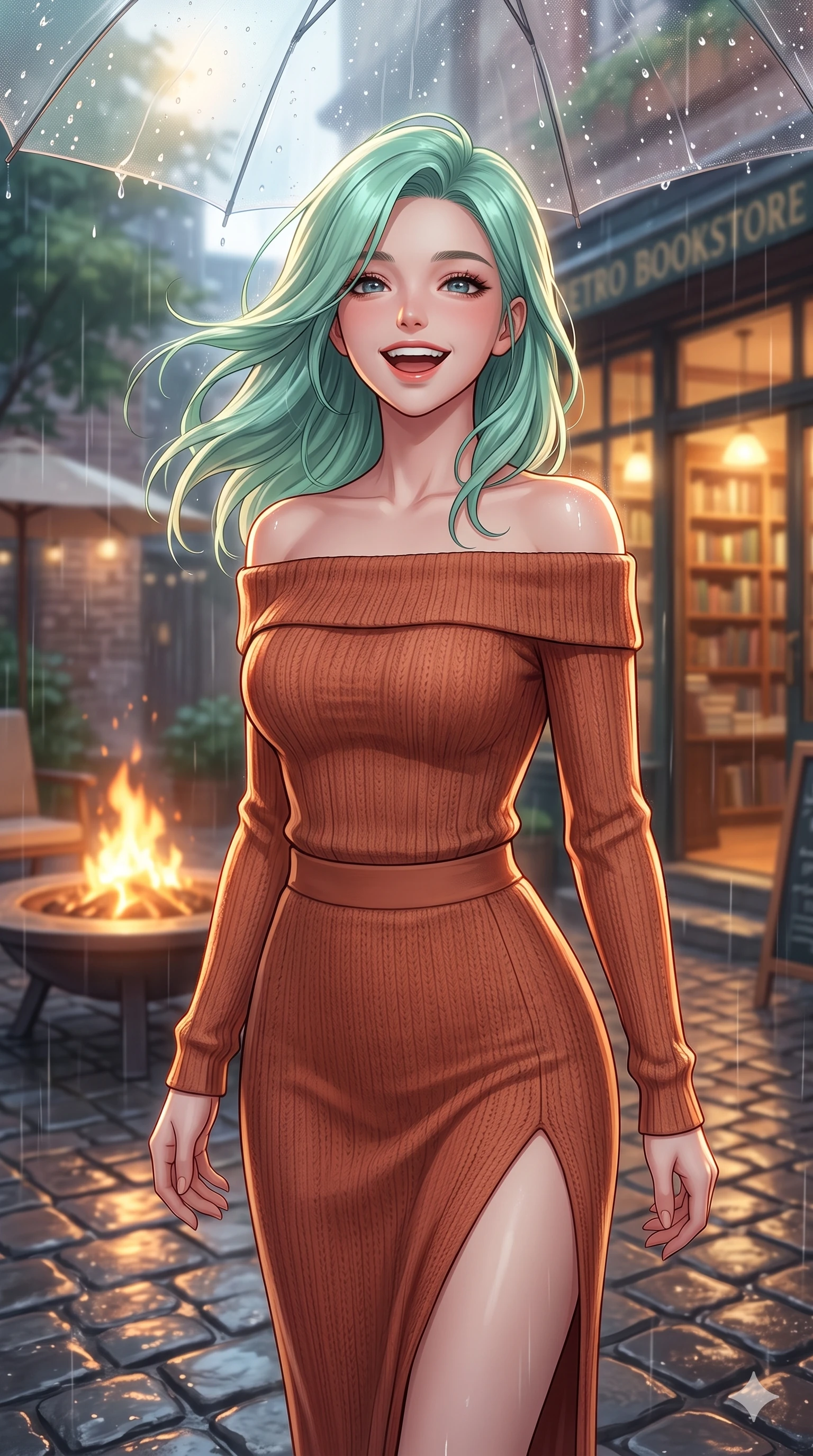 score_9, masterpiece, best quality, ultra-detailed, high-budget anime keyframe, vibrant anime aesthetic, Japanese woman. close-up cowboy shot from the waist and thighs up, the character dominates the composition, filling the frame with her large presence, background elements kept in soft focus. She is standing in a sun shower, looking up with a happy, laughing expression, gazing warmly at the viewer with a soft breath of wind in her hair. on a private terrace with a warm outdoor fire pit, under a translucent canopy during a cool rain shower (Code-P22-077). She has an absolutely perfect proportion, an exceptionally elegant and slender female figure with an ultra-slim waist. V-shaped jawline, high-bridge nose, intricate jewel-like eyes with depth, thick eyelashes, glossy lips with a natural sheen. wearing an off-shoulder long-sleeve shirt and a high-slit knit skirt in warm terracotta. She is illuminated by warm interior lights of a retro bookstore, casting a cozy glow, casting clean highlights that trace her slim waist along the cobblestone alley. 2k, ultra detail, master piece, 9:16 ratio