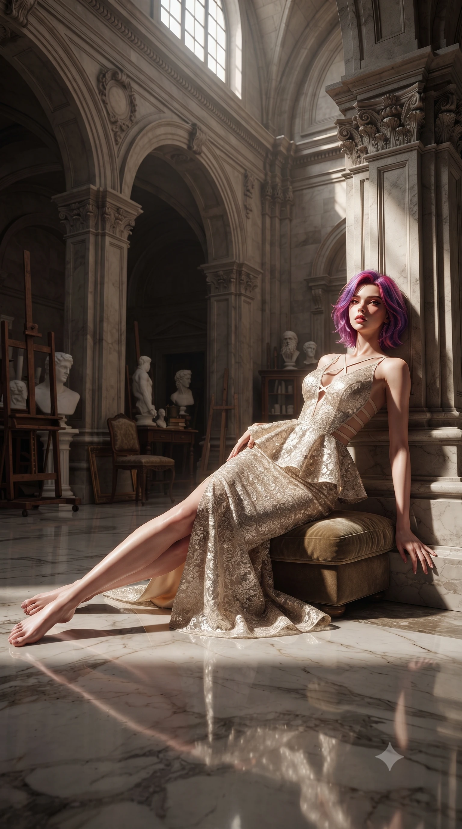 score_9, masterpiece, best quality, ultra-detailed, high-budget anime keyframe, editorial fashion photography, tasteful artistic composition, Caucasian woman. low angle full-body shot from head to toe showing her feet, filling the entire 9:16 vertical frame with her statuesque presence, stretching her vertical silhouette. leaning deep against the structural architecture with hips cocked in an unapologetically bold, seductive high-fashion stance while lying languidly on the polished marble studio floor, legs extended in an alluring dancer line as north light pours over her form. The surrounding environment is rendered in vivid detail and crisp panoramic clarity. timeless Renaissance chiaroscuro and monumental artistic atelier aesthetics captured with precision. She has an absolutely perfect, statuesque 8.5-heads proportion, an exceptionally tall and slender model-like female figure with impossibly long slender legs, a toned flat midriff, an ultra-slim waist, and beautifully sculpted feminine hips. sharp v-shaped jawline, high-bridge nose, intricate jewel-like eyes with depth, thick eyelashes, glossy parted lips with a natural sheen, intensely captivating and seductive bedroom-eyes expression, flawlessly proportioned anatomical accuracy, strict slender model proportions, natural body alignment, perfectly sculpted long slender limbs, ultra-slim waistline, clean dynamic posture without body distortion. wearing a structural geometric peplum gown with sheer side-ribbon cutouts and form-fitting skirt in warm limestone cream and brushed brass, formed from shimmering floral lace over smooth opaque silk lining, accented with criss-cross back straps highlighting her graceful shoulder blades, the precision-cut side openings and low-back scoop framing her graceful spine and the sensual sweep of her hips. bathed in dramatic natural north skylight streaming through cathedral windows. ultra-reflective glossy finish, specular highlights, rich textural contrasts, high-contrast stereoscopic depth, volumetric dynamic lighting, 2k, ultra detail, master piece, 9:16 ratio