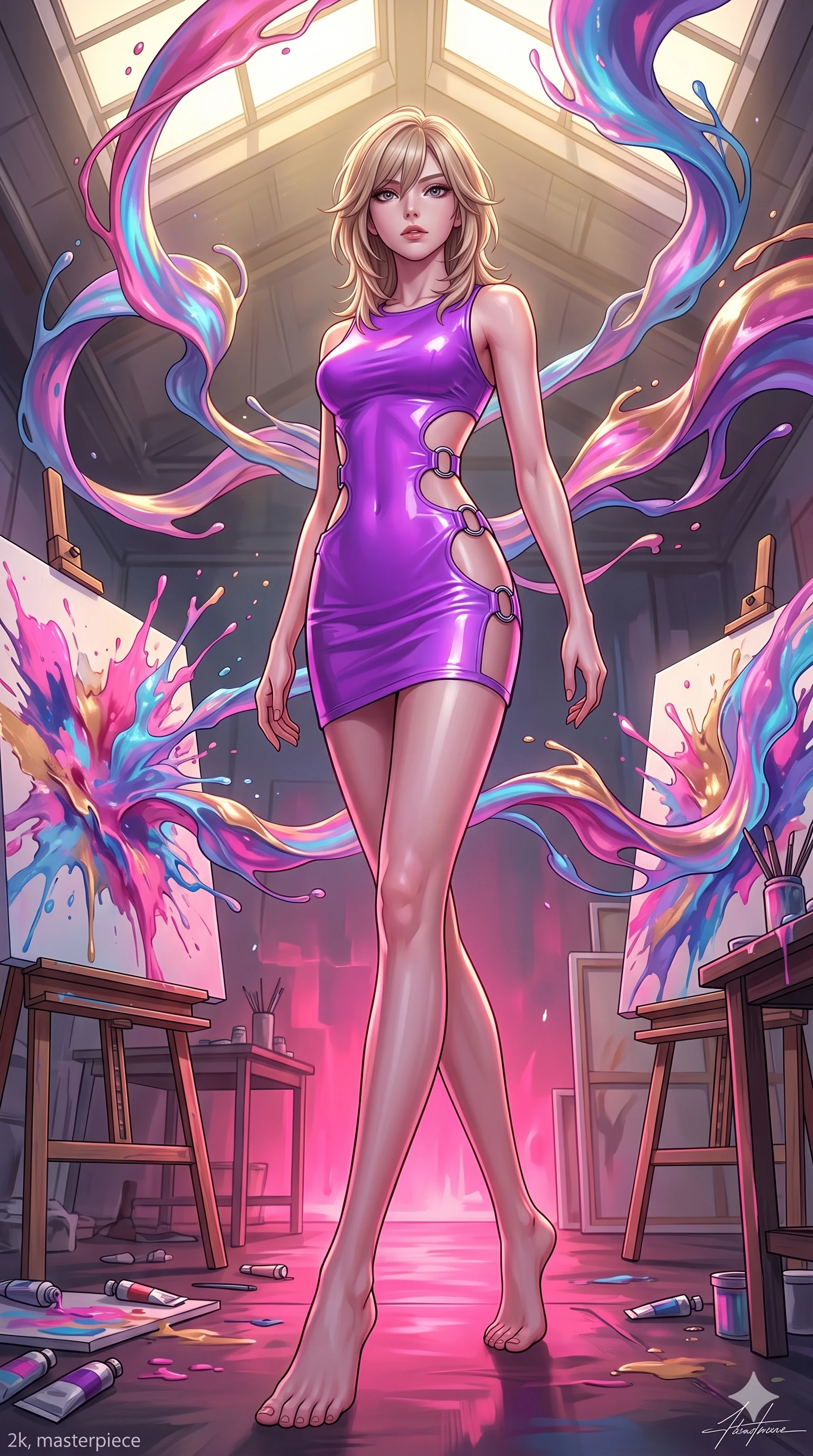 score_9, masterpiece, best quality, ultra-detailed, high-budget anime keyframe, editorial fashion photography, tasteful artistic composition, Japanese woman. low angle full-body shot from head to toe showing her feet, filling the entire 9:16 vertical frame with her statuesque presence, stretching her vertical silhouette. navigating with fluid motion through an artist's studio where aurora-colored paint spontaneously erupts from canvases and floats in swirling ribbons through the air creating three-dimensional abstract paintings in space. She has a statuesque 8.5-heads proportion, an exceptionally tall, slender and willowy model-like build with impossibly long legs and a highly sculpted ultra-slim waist. sharp v-shaped jawline, high-bridge nose, intricate jewel-like eyes with depth, thick eyelashes, glossy lips with a natural sheen. wearing a fashion-latex mini dress in neon purple with geometric side cutouts framed by chrome ring hardware, emphasizing her ultra-slim waist. dramatic contrast of hot pink furnace glow from below and cool golden light from above. 2k, ultra detail, master piece, 9:16 ratio