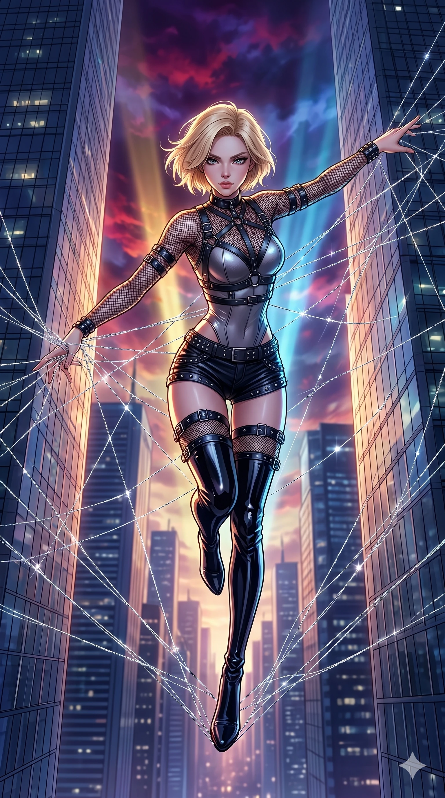 score_9, masterpiece, best quality, ultra-detailed, high-budget anime movie keyframe, cinematic anime lighting, intricate line art, Caucasian (strictly human ears) woman. Extreme high angle shot as she leaps towards the camera, filling the frame. weaving a web of silver threads between two skyscrapers. She has an absolutely perfect 8-heads proportion, an exceptionally tall and slender female figure with graceful and slender proportions. strictly human anatomy, two legs only, no extra limbs, clearly defined legs and arms, perfect anatomy, perfect hands and fingers. sharp v-shaped jawline, high-bridge nose, intricate jewel-like eyes, thick eyelashes, glossy lips. Wearing Dynamic performance outfit: Leather harness over mesh, sleek bodysuit, studded stylish shorts, and thigh-high patent boots. The scene is illuminated by dramatic atmospheric lighting and vibrant color palettes. , 2k, ultra detail, master piece, 9:16 ratio