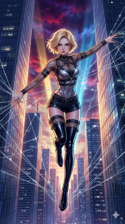 score_9, masterpiece, best quality, ultra-detailed, high-budget anime movie keyframe, cinematic anime lighting, intricate line art, Caucasian (strictly human ears) woman. Extreme high angle shot as she leaps towards the camera, filling the frame. wea
