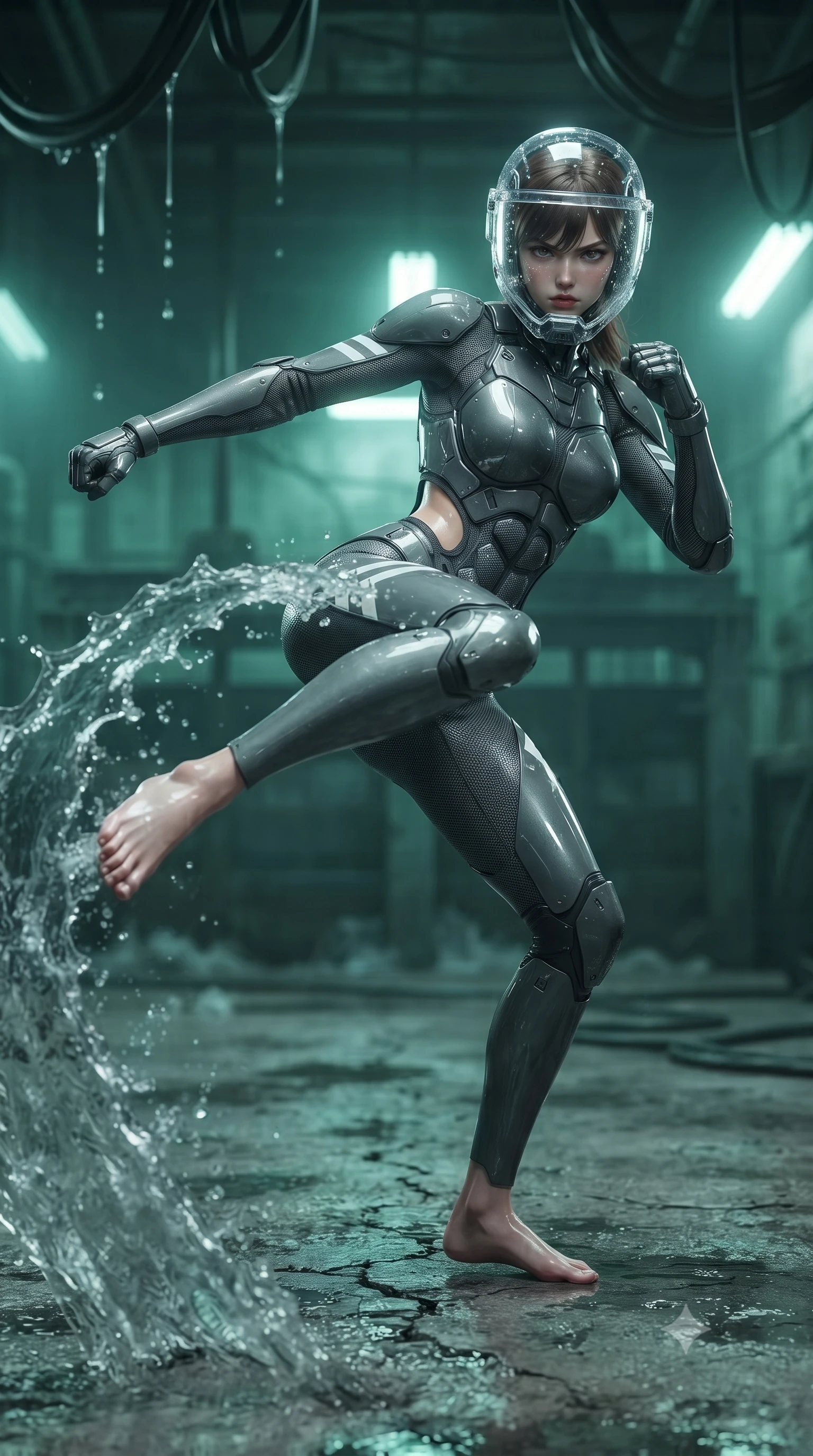 score_9, masterpiece, best quality, ultra-detailed, high-budget anime keyframe, editorial fashion photography, tasteful artistic composition, Korean woman. low angle full-body shot from head to toe showing her feet, filling the entire 9:16 vertical frame with her statuesque presence, stretching her vertical silhouette. pivoting dynamically in a high-speed low sweep kick along the cracked concrete, her athletic torso and ultra-slim waist twisting in a fluid arc of power while sliding across the wet floor into a low sweep stance, sending a high-pressure wave of water cascading toward the camera. The composition keeps background elements in soft focus with creamy bokeh. submerged industrial sluice gates and dripping overhead conduits softened in atmospheric shallow focus. She has an absolutely perfect, statuesque 8.5-heads proportion, an exceptionally tall and slender model-like female figure with impossibly long slender legs, a toned flat midriff, and an ultra-slim waist. sharp v-shaped jawline, high-bridge nose, intricate jewel-like eyes with depth, thick eyelashes, glossy lips with a natural sheen, fierce and resolute heroine expression, flawlessly proportioned anatomical accuracy, strict slender model proportions, natural body alignment, perfectly sculpted long slender limbs, ultra-slim waistline, clean dynamic posture without body distortion. wearing a crystal-clear transparent armored riot-visor helmet showing her entire beautiful face and determined expression with pristine clarity, paired with a form-contouring high-mobility battle-suit featuring sculpted carbon chest plating, diagonal midriff ventilation cutouts, and kinetic knee vambraces in storm-grey carbon mesh with high-contrast white hazard stripes, made of lightweight aerodynamic carbon-titanium alloy with precision-beveled armor seams, finished with high-mobility flexible armor articulation seams and miniature magnetic locks, the sleek second-skin cut tightly hugging her graceful clavicle, narrow waist, and feminine curves with athletic precision. bathed in eerie emerald biochemical uplights and cold white fluorescent ceiling spotlights. ultra-reflective glossy finish, specular highlights, dark metallic sheen, high-contrast stereoscopic depth, volumetric dynamic lighting, 2k, ultra detail, master piece, 9:16 ratio