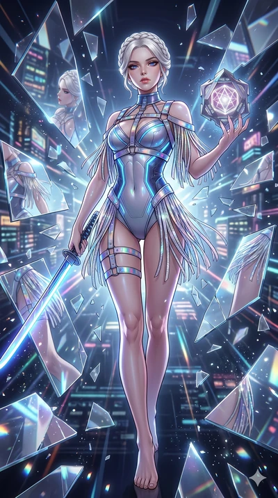 score_9, masterpiece, best quality, ultra-detailed, Set A: High-budget Anime Keyframe, Japanese woman. Low angle cowboy shot filling the entire 9:16 frame with her statuesque presence. Drawing a blade through a dimension of floating mirrors, holding 