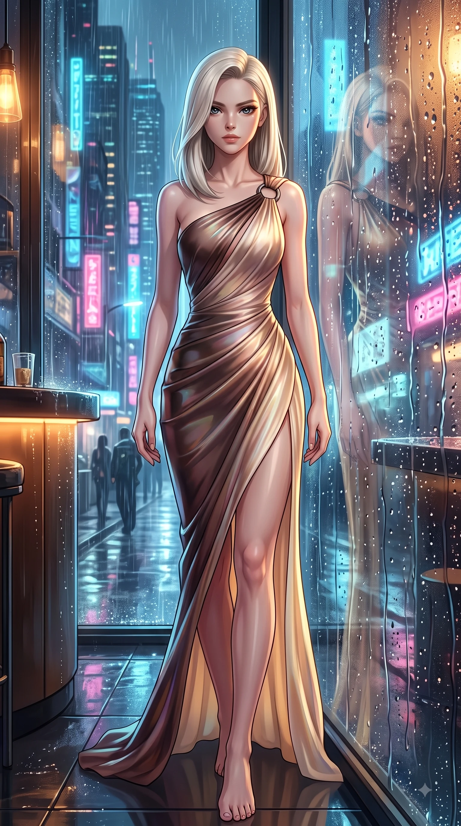 score_9, masterpiece, best quality, ultra-detailed, high-budget anime keyframe, editorial fashion photography, tasteful artistic composition, Caucasian woman. low angle full-body shot from head to toe showing her feet, filling the entire 9:16 vertical frame with her statuesque presence, stretching her vertical silhouette. stepping forward in a proud dynamic stride with an alluring waist tilt, her vertical silhouette filling the frame while leaning against a wet glass window as rain droplets catch intense specular highlights, rain droplets glistening on the window glass with colorful neon city reflections. She has an absolutely perfect, statuesque 8.5-heads proportion, an exceptionally tall and slender model-like female figure with impossibly long slender legs and an ultra-slim waist. sharp v-shaped jawline, high-bridge nose, intricate jewel-like eyes with depth, thick eyelashes, glossy lips with a natural sheen, flawlessly proportioned anatomical accuracy, natural body alignment, perfectly sculpted elegant limbs, clean dynamic posture without body distortion. wearing an asymmetrical Grecian draped chiffon gown with a metallic shoulder ring in espresso brown and warm cream, crafted from iridescent chiffon that shifts colors in the light, accented with a Tasteful chest slit framing her clavicle gracefully, the form-contouring material highlighting her ultra-slim waist and long lines. illuminated by warm indoor bar amber light and cool rainy blue neon rim light. highly saturated vibrant anime colors, detailed shading with soft gradients, rich glossy textures, high-contrast stereoscopic depth, volumetric dynamic lighting, master piece, 9:16 ratio