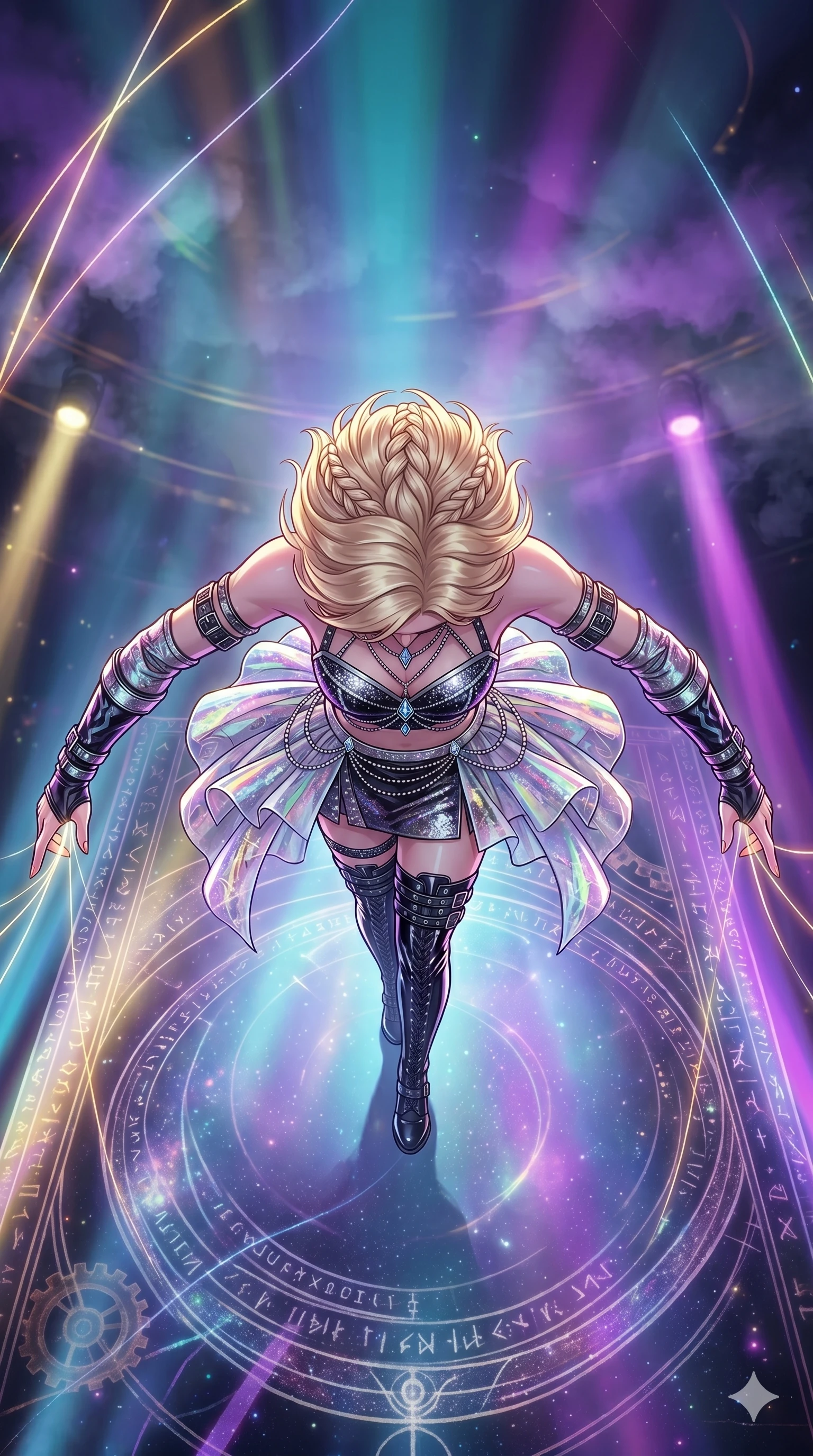 score_9, masterpiece, best quality, ultra-detailed, high-budget anime movie keyframe, cinematic anime lighting, intricate line art, Japanese woman. Extreme high angle shot as she leaps towards the camera, filling the frame. twisting in mid-air while plucking threads from a tapestry of fate. She has an graceful and slender female figure with elegant proportions. strictly human anatomy, two legs only, no extra limbs, clearly defined legs and arms, well-defined anatomy, perfect hands and fingers. sharp v-shaped jawline, high-bridge nose, intricate jewel-like eyes, thick eyelashes, glossy lips. Wearing K-Idol Stage: Dazzling K-Idol stage outfit with stylish layers, decorative accents, and high-fashion boots. The scene is illuminated by dramatic atmospheric lighting and vibrant color palettes. , 2k, ultra detail, master piece, 9:16 ratio