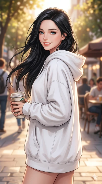 score_9, score_8_up, score_7_up, source_anime, masterpiece, best quality, ultra-detailed, same character with long flowing black hair, wearing an oversized white hoodie, upper body close-up from thigh up filling the screen, holding a coffee cup and l