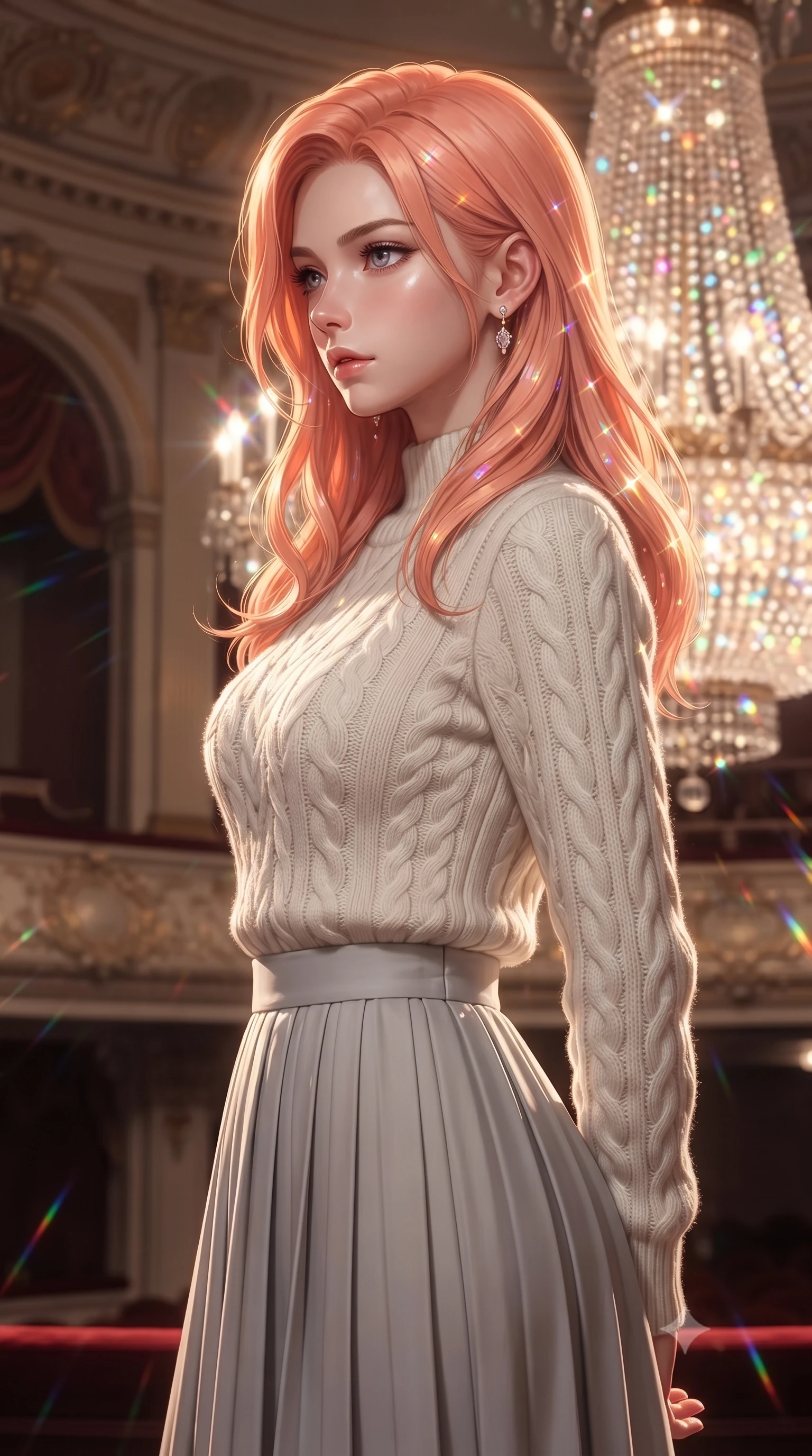 score_9, masterpiece, best quality, ultra-detailed, high-budget anime keyframe, editorial fashion photography, tasteful artistic composition, Japanese woman. close-up cowboy shot from the waist and thighs up, the character dominates the composition, filling the frame with her large presence, background elements kept in soft focus. turning her face in sharp profile, casting a cold, mysterious, yet intensely alluring side gaze, the background shows a soft-focus an opera box balcony facing a massive crystal chandelier in soft focus. She has an exceptionally elegant, slender, and willowy female figure with an ultra-slim waist, a gracefully sculpted slender torso, and a refined silhouette. sharp v-shaped jawline, high-bridge nose, intricate jewel-like eyes with depth, thick eyelashes, glossy lips with a natural sheen. wearing a form-contouring cozy cable-knit knit sweater in ivory wool, paired with a pleated light grey midi skirt. dazzling light reflections from the crystal beads, wrapping her in a warm glow. ultra-reflective glossy finish, specular highlights, metallic sheen, high-contrast stereoscopic depth, volumetric dynamic lighting, 2k, ultra detail, master piece, 9:16 ratio