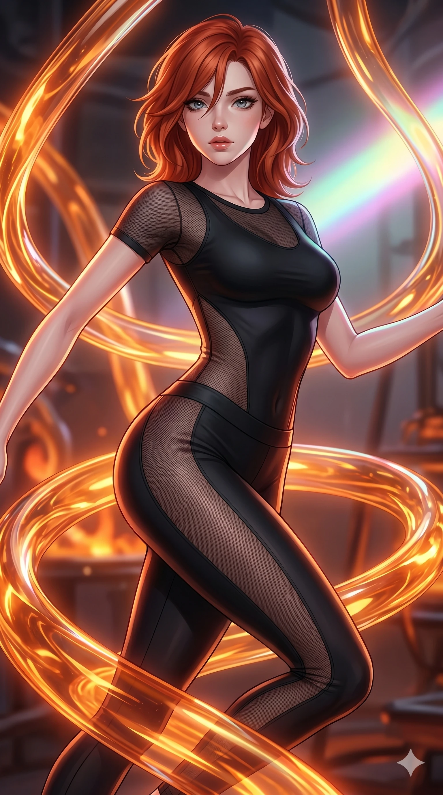 score_9, masterpiece, best quality, ultra-detailed, high-budget anime keyframe, Caucasian woman, strictly human ears. upper body close-up from the thighs up, character filling the screen for maximum presence. bounding through a molten glass art studio where twisting, glowing amber glass tubes rotate like fluid rivers in a heated environment. She has an absolutely perfect 8-heads proportion, an exceptionally tall and slender female figure with impossibly long slender legs and an ultra-slim waist. V-shaped jawline, high-bridge nose, intricate jewel-like eyes with depth, thick eyelashes, glossy lips with a natural sheen.. wearing a sheer mesh athleisure set, featuring a tight matte black top and leggings with semi-opaque mesh panels tracing the curves of her waist and thighs. enhanced by a luminous pastel spectrum glow, casting elegant rim lights on her shoulders and jawline. 2k, ultra detail, master piece, 9:16 ratio