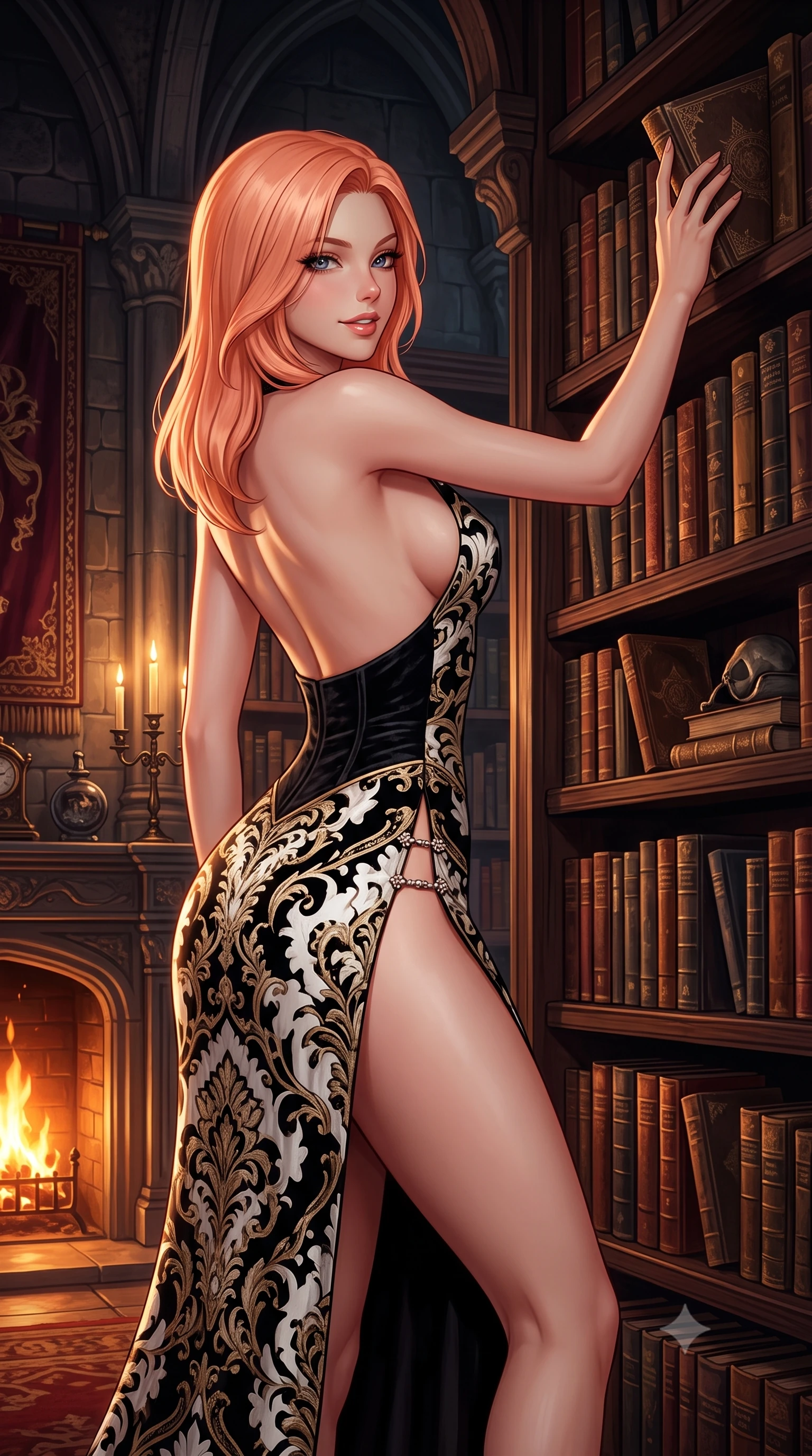 score_9, masterpiece, best quality, ultra-detailed, high-budget anime keyframe, semi-realistic 3D game render, editorial fashion photography, tasteful artistic composition, Japanese woman. close-up cowboy shot from the waist and thighs up, the character dominates the composition, filling the frame with her large presence. turning over a bare shoulder with an intoxicating, teasing smile, her soft hair framing her sharp jawline as she looks back while stretching her slender torso in an alluring S-curve while browsing ancient grimoires on towering gothic library shelves. The surrounding environment is rendered in vivid detail and crisp panoramic clarity. deep moody chiaroscuro and decadent Victorian vampire sanctuary aesthetics captured with precision. She has an exceptionally elegant, slender, and willowy female figure with an ultra-slim waist, a gracefully sculpted slender torso, toned flat midriff, and a refined slim silhouette. sharp v-shaped jawline, high-bridge nose, intricate jewel-like eyes with depth, thick eyelashes, glossy parted lips with a natural sheen, intensely captivating and seductive expression, flawlessly proportioned anatomical accuracy, strict slender model proportions, natural body alignment, perfectly sculpted long slender limbs, ultra-slim waistline, clean dynamic posture without body distortion. wearing a plunging-V neckline crushed velvet corseted evening gown with an open scooped back and high-cut thigh slit in high-contrast black velvet and pearl white, made of rich textured jacquard silk with baroque gold thread, finished with an ultra-high side slit secured by miniature jeweled clasps, the liquid-tight tailored fabric emphasizing every curve of her tall, slender model proportions and sculptured silhouette during dynamic movement. bathed in roaring fireplace amber warmth and soft candelabra glow. highly saturated vibrant anime colors, detailed shading with soft gradients, rich glossy textures, high-contrast stereoscopic depth, volumetric dynamic lighting, master piece, 9:16 ratio