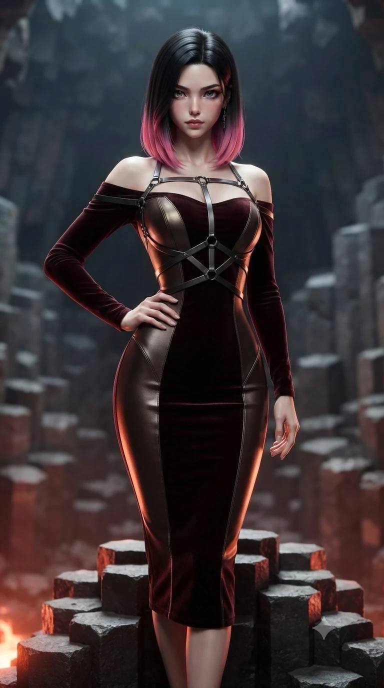 score_9, masterpiece, best quality, ultra-detailed, high-budget anime keyframe, editorial fashion photography, tasteful artistic composition, Korean woman. close-up cowboy shot from the waist and thighs up, the character dominates the composition, filling the frame with her large presence. holding a confident power pose with one hand on her hip, looking into the lens with smoldering intensity while standing tall atop a stepped basalt hexagonal column, one hand on her hip as she looks into the lens with smoldering, dangerous intensity. The background shows a soft-focus volcanic subterranean cavern softened in geometric geological shallow focus. She has an exceptionally elegant, slender, and willowy female figure with an ultra-slim waist, flat toned midriff, narrow ribcage, and sculpted feminine hips creating an alluring, slim hourglass silhouette without bulk. sharp v-shaped jawline, high-bridge nose, intricate jewel-like dark sparkling eyes with hypnotic seductive depth, thick curled eyelashes, glossy parted lips with a natural wine sheen, alluring bedroom-eyes with an enigmatic smoldering smile, exuding magnetic sovereign charisma and dark avant-garde glamour, flawlessly proportioned anatomical accuracy, strict slender model proportions, natural body alignment, perfectly sculpted long slender limbs, ultra-slim waistline, clean dynamic posture without body distortion. wearing a form-contouring off-shoulder dark velvet bodycon midi dress with low-back scoop in dark mahogany and brushed gunmetal, made of supple butter-soft lambskin leather with a subtle satin sheen, highlighted by a gunmetal metallic harness structure, the glove-like silhouette tightly following the natural contour of her hips and long slender legs with youthful 8.5-heads elegance. illuminated by volcanic stone bounce and sharp scarlet-amber rim lights defining her razor-sharp jawline, narrow waist, and curvy hips. ultra-reflective glossy finish, specular highlights, metallic sheen, high-contrast stereoscopic depth, volumetric dynamic lighting, 2k, ultra detail, master piece, 9:16 ratio