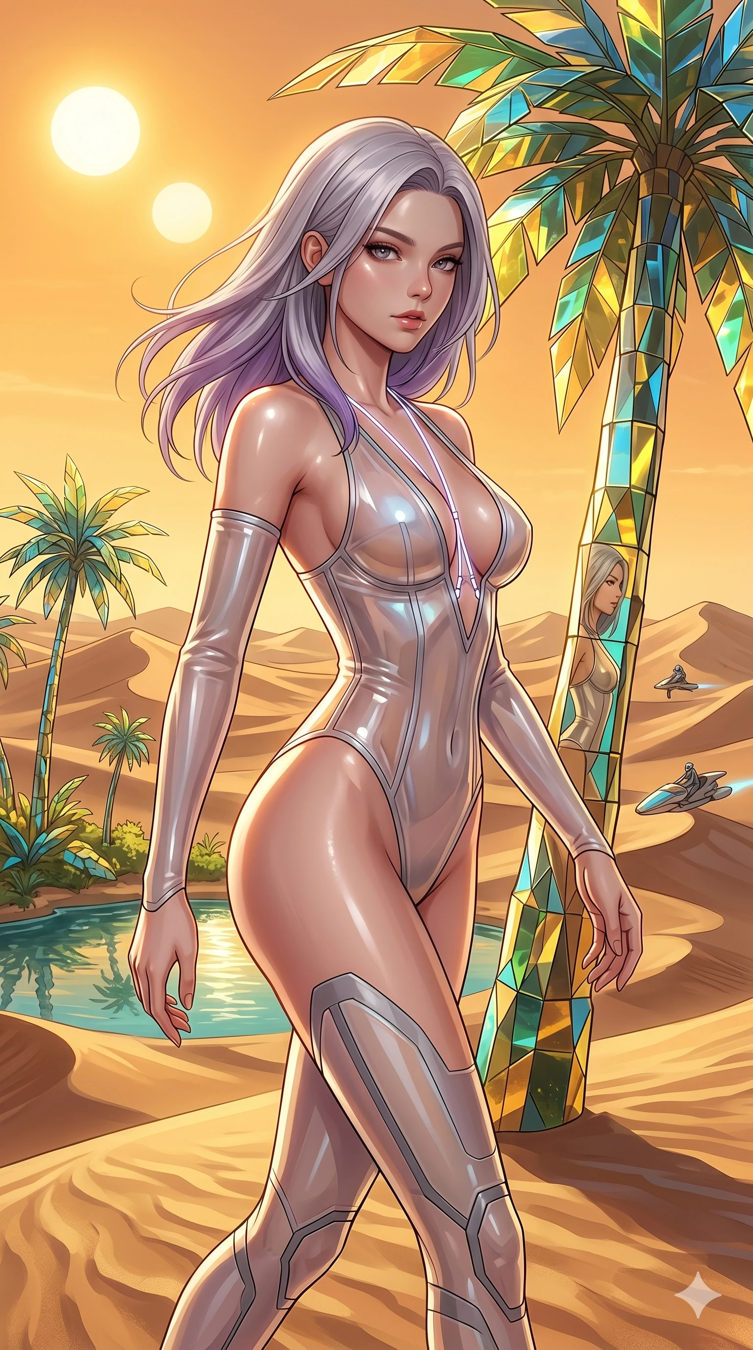 score_9, masterpiece, best quality, ultra-detailed, high-budget anime keyframe, Caucasian woman, strictly human ears. Upper body close-up from the thighs up, character filling the screen for maximum presence. She is walking through a futuristic sand dune oasis under twin suns, with digital glass palms reflecting gold. She turns her upper body with a seductive, mysterious expression. She has an absolutely perfect 8-heads proportion, an exceptionally tall and slender female figure with impossibly long slender legs and an ultra-slim waist. V-shaped jawline, high-bridge nose, intricate jewel-like eyes with depth, thick eyelashes, glossy lips with a natural sheen. She is wearing a translucent cybernetic corset in semi-opaque structured vinyl, combined with detached sleeves and a deep-plunging neckline secured by glowing micro-straps. The scene is bathed in intense, bright golden desert sun and sharp specular highlights on her smooth skin. 2k, ultra detail, master piece, 9:16 ratio