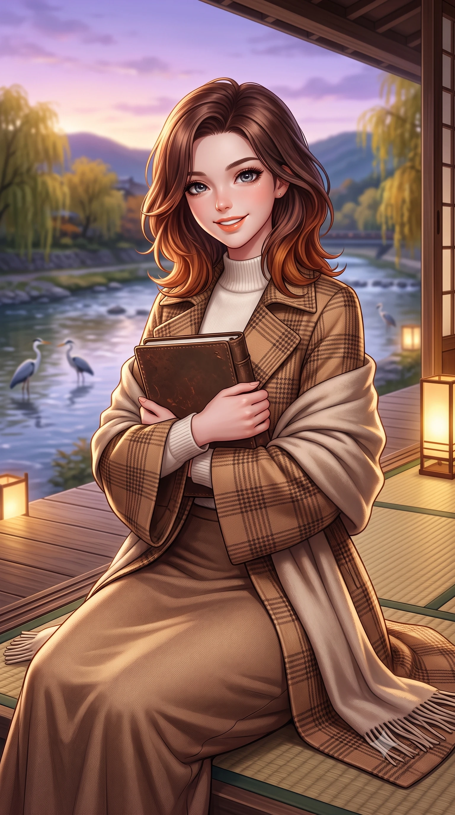 score_9, masterpiece, best quality, ultra-detailed, high-budget anime keyframe, semi-realistic 3D game render, editorial fashion photography, tasteful artistic composition, Korean woman. close-up cowboy shot from the waist and thighs up, the character dominates the composition, filling the frame with her large presence. holding a leather notebook close to her chest with both arms, smiling delightfully with youthful scholarly grace while sitting gracefully on a tatami mat at the open veranda edge, watching herons wade in the Kamogawa river with tranquil charm. The background shows a soft-focus clear flowing Kamogawa river waters, weeping willow trees turning gold along riverbanks, and distant Higashiyama hills blurred into indigo, golden olive, and slate bokeh. She has an exceptionally elegant, slender, and willowy female figure with an ultra-slim waist, flat toned midriff, narrow ribcage, and sculpted feminine hips creating an alluring, slim hourglass silhouette without bulk. sharp v-shaped jawline, high-bridge nose, intricate jewel-like sparkling eyes with depth, thick eyelashes, glossy parted lips with a natural peach sheen, bright cheerful beaming smile with an enchanting and coquettish sensual glint, exuding both youthful cute charm and seductive allure, flawlessly proportioned anatomical accuracy, strict slender model proportions, natural body alignment, perfectly sculpted long slender limbs, ultra-slim waistline, clean dynamic posture without body distortion. wearing an elegant tailored wool trench with kimono-inspired wide sleeves worn over an ivory mock-neck sweater and long skirt in Saint-Germain camel wool and warm espresso, crafted from ultra-soft Mongolian cashmere with exquisite insulating warmth and tactile softness, accented with a wide brushed cashmere fringe scarf draped elegantly over one shoulder, the sharp shoulder tailoring and gently nipped waist framing her slender torso with pristine sartorial perfection. bathed in the soft purple-gold twilight glow of autumn sunset over the Higashiyama mountains mixed with warm paper lantern lights. highly saturated vibrant anime colors, detailed shading with soft gradients, rich glossy textures, high-contrast stereoscopic depth, volumetric dynamic lighting, master piece, 9:16 ratio