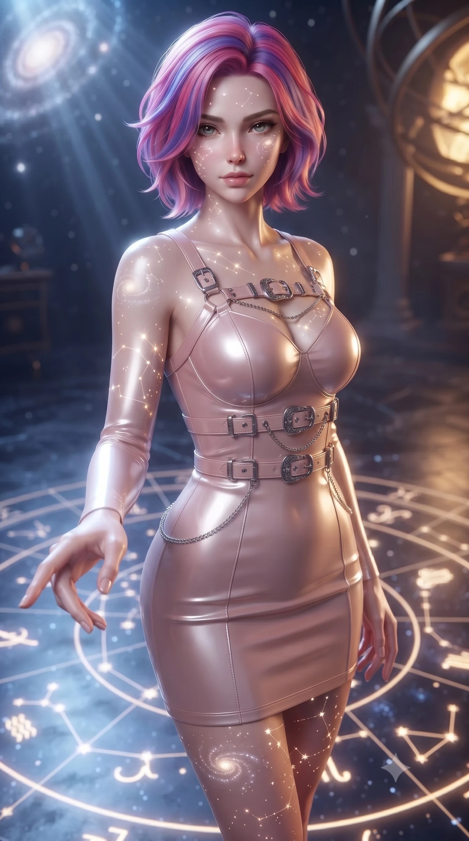 score_9, masterpiece, best quality, ultra-detailed, high-budget anime keyframe, editorial fashion photography, tasteful artistic composition, Caucasian woman. close-up cowboy shot from the waist and thighs up, the character dominates the composition, filling the frame with her large presence, background elements kept in soft focus. Reaching one hand toward the viewer with relaxed elegance, poised on a zodiac constellation floor illuminated by glowing star maps, spiral galaxy stars projecting intricate constellation points onto her skin. She has an exceptionally elegant, slender, and willowy female figure with an ultra-slim waist, a gracefully sculpted slender torso, and a refined silhouette. sharp v-shaped jawline, high-bridge nose, intricate jewel-like eyes with depth, thick eyelashes, glossy lips with a natural sheen. wearing glove-like fit pale turquoise latex bodycon mini dress in soft blush pink, made of polished ivory leather, framed by polished silver buckles and delicate chain details, sculpting her athletic slender build with refined precision. illuminated by cosmic starlight rays and warm golden interior spotlight. ultra-reflective glossy finish, specular highlights, metallic sheen, high-contrast stereoscopic depth, volumetric dynamic lighting, 2k, ultra detail, master piece, 9:16 ratio