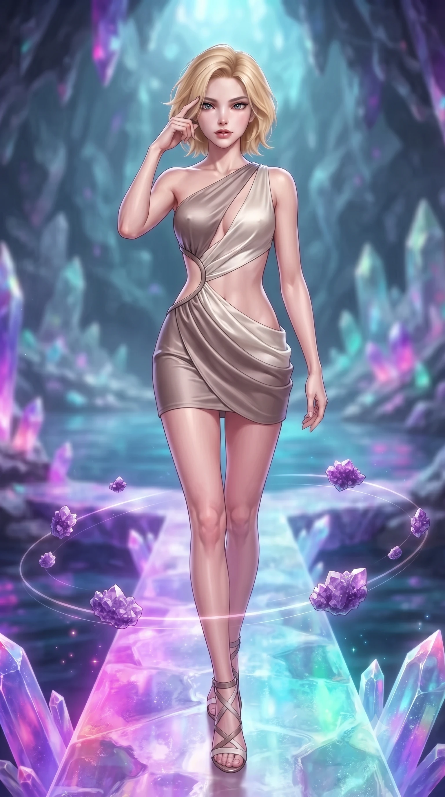 score_9, masterpiece, best quality, ultra-detailed, high-budget anime keyframe, editorial fashion photography, tasteful artistic composition, Caucasian woman. close-up cowboy shot from the waist and thighs up, the character dominates the composition, filling the frame with her large presence, background elements kept in soft focus. Pressing two fingers to her temple in a composed thoughtful gesture with an air of magnetic charisma stepping along a glowing quartz crystal bridge over a subterranean mirror lake, floating amethyst clusters drifting in smooth circular orbits. She has an exceptionally elegant, slender, and willowy female figure with an ultra-slim waist, a gracefully sculpted slender torso, and a refined silhouette. sharp v-shaped jawline, high-bridge nose, intricate jewel-like eyes with depth, thick eyelashes, glossy lips with a natural sheen. wearing a dramatic open-waist cutout mini dress framed by sculptural hardware in muted taupe and soft ivory, crafted from lustrous satin jersey with fluid draping, featuring clean architectural cutouts along her slender torso, the glove-like fit emphasizing her statuesque silhouette. illuminated by radiant purple, magenta, and cyan crystal inner glow. highly saturated vibrant anime colors, detailed shading with soft gradients, rich glossy textures, high-contrast stereoscopic depth, volumetric dynamic lighting, master piece, 9:16 ratio