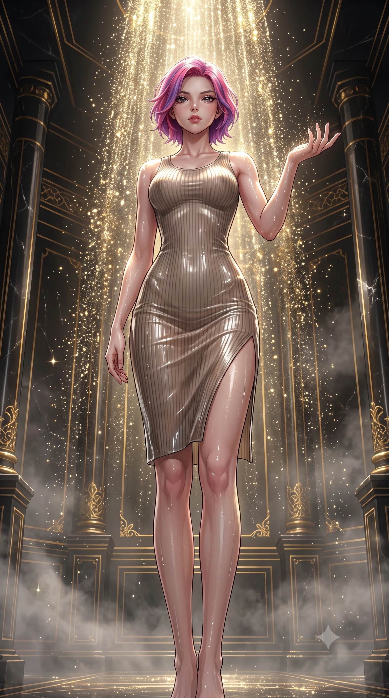 score_9, masterpiece, best quality, ultra-detailed, High-budget Anime Keyframe, Caucasian woman, strictly human ears. Low angle cowboy shot filling the entire 9:16 frame with her statuesque presence. Scenario 337: showering under a cascade of glittering gold stardust inside a steam-filled bathhouse built of black obsidian stone and gold accents. Her presence is magnetic and overpowering in this high-budget anime scene. Outfit 337: a form-contouring ribbed bodycon knit second with a thigh-high slit and wet-look texture. The clothing is designed to emphasize her exceptionally tall and slender 8-heads proportion. 8-heads proportion, towering silhouette, ultra-slim waist. sharp v-shaped jawline, intricate jewel-like eyes with depth, thick eyelashes, glossy lips. 2k, ultra detail, master piece, 9:16 ratio