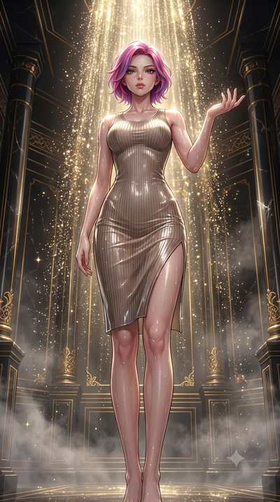 score_9, masterpiece, best quality, ultra-detailed, High-budget Anime Keyframe, Caucasian woman, strictly human ears. Low angle cowboy shot filling the entire 9:16 frame with her statuesque presence. Scenario 337: showering under a cascade of glitter