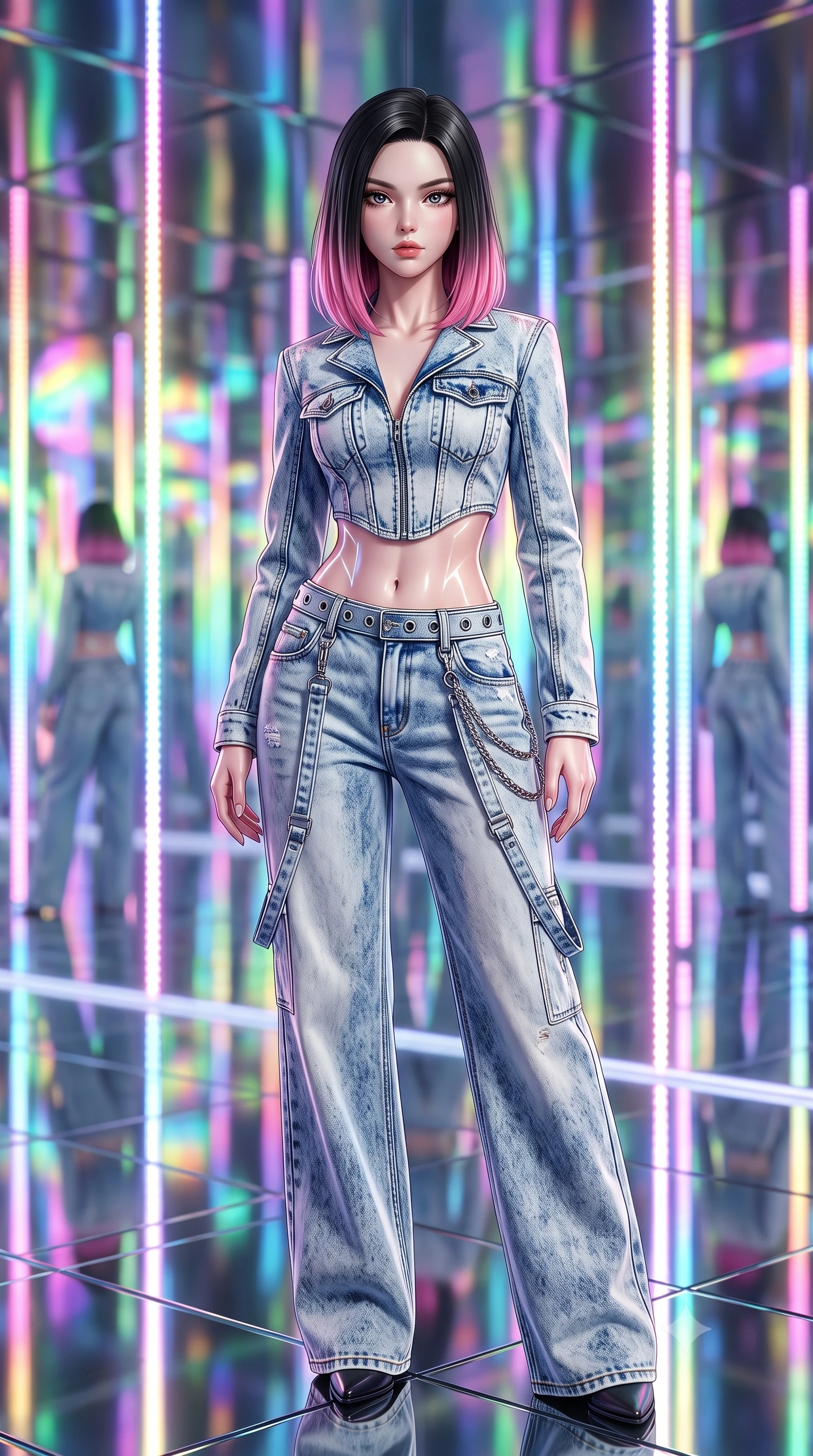 score_9, masterpiece, best quality, ultra-detailed, high-budget anime keyframe, semi-realistic 3D game render, editorial fashion photography, tasteful artistic composition, Korean woman. close-up cowboy shot from the waist and thighs up, the character dominates the composition, filling the frame with her large presence. holding her hands loosely in front with regal, aristocratic poise, radiating an overwhelming high-society aura while pivoting gracefully on a mirrored floor as infinite reflections of light and color surround her slender frame. The composition keeps background elements in soft focus with creamy bokeh. infinite mirrored room reflections and glowing vertical LED strips blurred into psychedelic rainbow and pastel neon bokeh. She has an exceptionally elegant, slender, and willowy female figure with an ultra-slim waist, a gracefully sculpted slender torso, toned flat midriff, and a refined slim silhouette. sharp v-shaped jawline, high-bridge nose, intricate jewel-like eyes with depth, thick eyelashes, glossy lips with a natural sheen, captivating and magnetic expression, flawlessly proportioned anatomical accuracy, strict slender model proportions, natural body alignment, perfectly sculpted long slender limbs, ultra-slim waistline, clean dynamic posture without body distortion. wearing a deconstructed denim corseted crop jacket paired with high-waisted wide-leg utility jeans and a silver grommet belt in acid-wash light denim and dark chrome, tailored from distressed structured cotton denim with metallic thread, accented with hanging industrial clip straps and chrome chain links edition #31, the sleek tailored cut tightly hugging her graceful clavicle, narrow waist, and feminine curves with statuesque precision. illuminated by clean geometric specular highlights tracing her sculpted torso and legs. highly saturated vibrant anime colors, detailed shading with soft gradients, rich glossy textures, high-contrast stereoscopic depth, volumetric dynamic lighting, master piece, 9:16 ratio