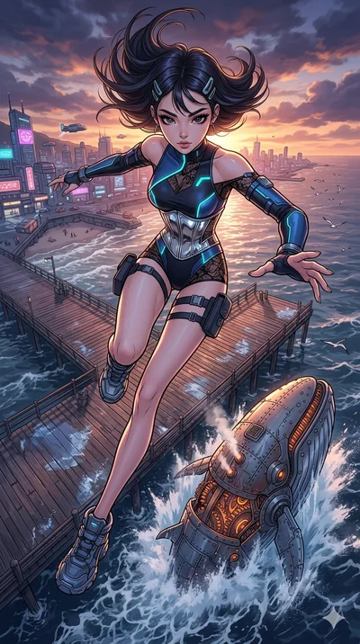 score_9, masterpiece, best quality, ultra-detailed, high-budget anime movie keyframe, cinematic anime lighting, intricate line art, Korean anime girl. Extreme high angle shot as she leaps towards the camera, filling the frame. gliding across a pier a