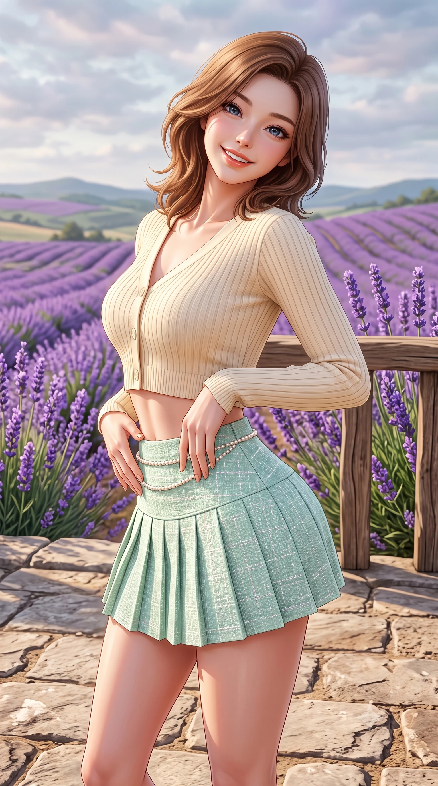score_9, masterpiece, best quality, ultra-detailed, high-budget anime keyframe, semi-realistic 3D game render, editorial fashion photography, tasteful artistic composition, Korean woman. close-up cowboy shot from the waist and thighs up, the character dominates the composition, filling the frame with her large presence. tilting her head with a cute beaming smile while arching her spine with effortless dancer poise, one hand sliding along her hip line in a flirtatious S-curve while standing on the rustic limestone patio overlooking rolling purple lavender hills, arching her back with a radiant, carefree smile. The surrounding environment is rendered in vivid detail and crisp panoramic clarity. sharp limestone flagstone textures, lavender flower spike details, and weathered wood grain in deep focus. She has an exceptionally elegant, slender, and willowy female figure with an ultra-slim waist, flat toned midriff, narrow ribcage, and sculpted feminine hips creating an alluring, slim hourglass silhouette without bulk. sharp v-shaped jawline, high-bridge nose, intricate jewel-like sparkling eyes with depth, thick eyelashes, glossy parted lips with a natural peach sheen, bright cheerful beaming smile with an enchanting and coquettish sensual glint, exuding both youthful cute charm and seductive allure, flawlessly proportioned anatomical accuracy, strict slender model proportions, natural body alignment, perfectly sculpted long slender limbs, ultra-slim waistline, clean dynamic posture without body distortion. wearing a cropped pastel ribbed knit cardigan paired with an ultra-short high-waisted pleated tennis skirt clinging tightly to her curvy hips in refreshing mint green and soft vanilla cream, tailored from soft pastel tweed with subtle metallic shimmer, accented with a dainty pearl waist chain catching the ambient sunlight, the form-contouring cut accentuating her sculpted flat midriff, narrow delicate ribcage, and gracefully curvy hips with supermodel precision. illuminated by warm terracotta terrace bounce fill sharply sculpting her sculpted collarbones, ultra-slim waist, and curvy hips. highly saturated vibrant anime colors, detailed shading with soft gradients, rich glossy textures, high-contrast stereoscopic depth, volumetric dynamic lighting, master piece, 9:16 ratio
