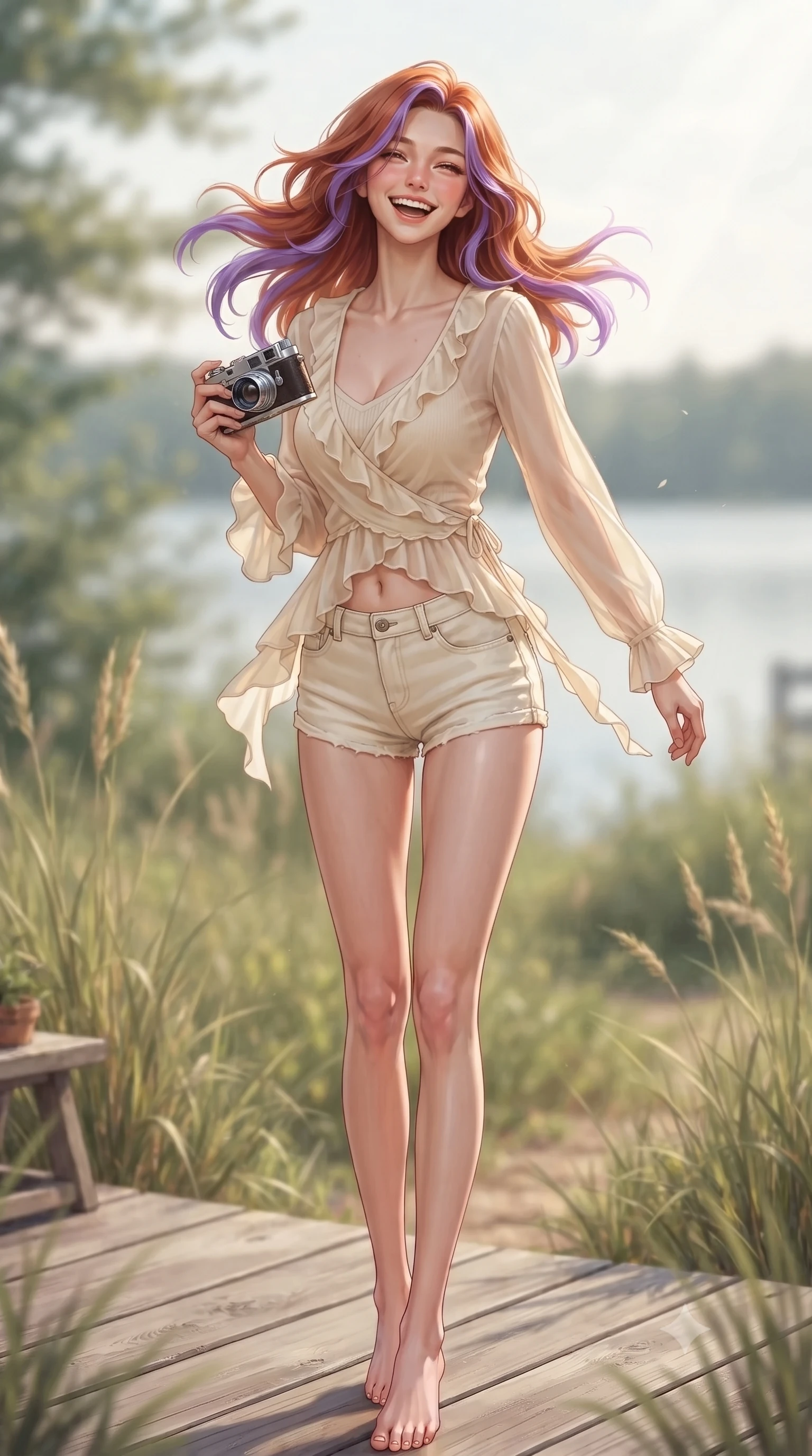 score_9, masterpiece, best quality, ultra-detailed, high-budget anime keyframe, editorial fashion photography, tasteful artistic composition, Caucasian woman. low angle full-body shot from head to toe showing her feet, filling the entire 9:16 vertical frame with her statuesque presence, stretching her vertical silhouette. twirling around with a playful, sensual laugh, her dress fluttering elegantly to accent her waistline set against a soft-focus background of on a wooden deck of a lakeside cottage surrounded by beachgrass with a vintage camera in her hand and a warm, cute grin. She has an absolutely perfect, statuesque 8.5-heads proportion, an exceptionally tall and slender model-like female figure with impossibly long slender legs and an ultra-slim waist. sharp v-shaped jawline, high-bridge nose, intricate jewel-like eyes with depth, thick eyelashes, glossy lips with a natural sheen. wearing form-contouring sheer chiffon wrap top in cream, worn over a slim-fit knit bralette and low-cut shorts. soft afternoon sunbeams creating a peaceful, quiet country atmosphere. highly saturated vibrant anime colors, detailed shading with soft gradients, rich glossy textures, high-contrast stereoscopic depth, volumetric dynamic lighting, master piece, 9:16 ratio