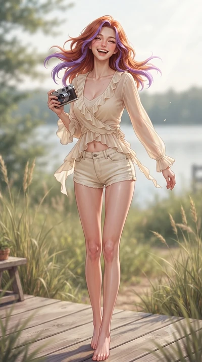score_9, masterpiece, best quality, ultra-detailed, high-budget anime keyframe, editorial fashion photography, tasteful artistic composition, Caucasian woman. low angle full-body shot from head to toe showing her feet, filling the entire 9:16 vertica