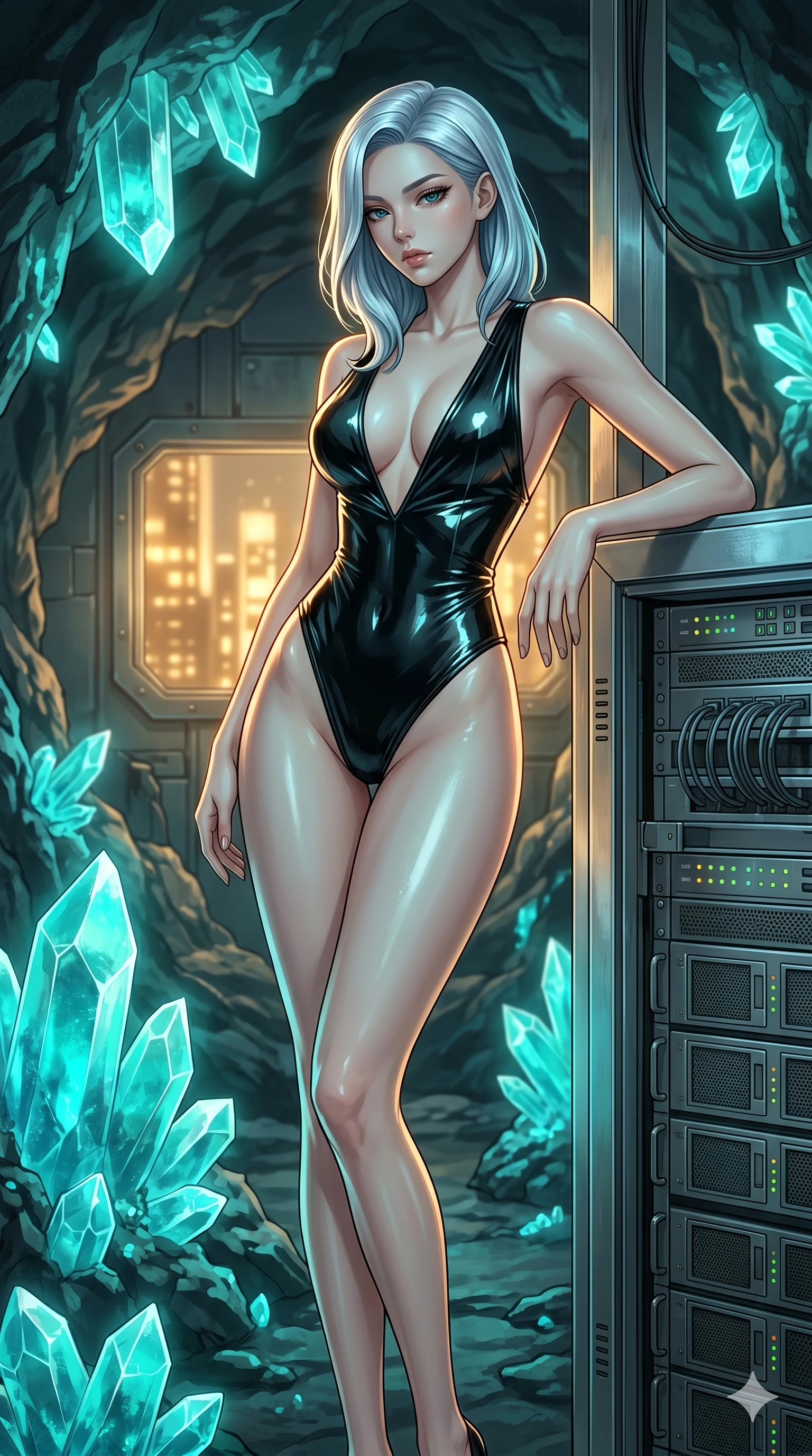 score_9, masterpiece, best quality, ultra-detailed, high-budget anime keyframe, editorial fashion photography, tasteful artistic composition, Korean woman. cowboy shot from the thighs up, character and outfit filling the frame for maximum editorial presence. leaning against a metal server rack, casting a cool, superior gaze beneath her lashes inside a hidden cave filled with glowing turquoise crystal geodes (Code-P17-073). She has an absolutely perfect 8-heads proportion, an exceptionally tall and slender female figure with impossibly long slender legs and an ultra-slim waist. V-shaped jawline, high-bridge nose, intricate jewel-like eyes with depth, thick eyelashes, glossy lips with a natural sheen. wearing a wet-look vinyl bodysuit with an elegant plunging neckline and high-cut lines. warm glowing city lights filtering through the glass, outlining her V-shaped jawline. 2k, ultra detail, master piece, 9:16 ratio