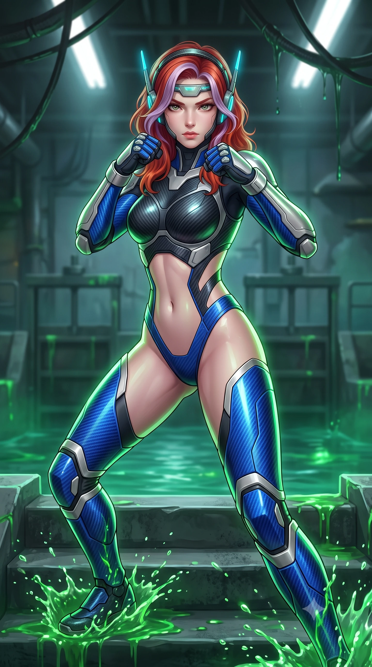 score_9, masterpiece, best quality, ultra-detailed, high-budget anime keyframe, semi-realistic 3D game render, editorial fashion photography, tasteful artistic composition, Caucasian woman. close-up cowboy shot from the waist and thighs up, the character dominates the composition, filling the frame with her large presence. in a razor-sharp Panzer Kunst fighting guard with raised fists, captivating jewel-like eyes locked onto the viewer with fierce, resolute determination while pivoting dynamically on submerged concrete steps as glowing green bio-chemical sludge reflects off her polished armor. The composition keeps background elements in soft focus with creamy bokeh. submerged industrial sluice gates and dripping overhead conduits softened in atmospheric shallow focus. She has an exceptionally elegant, slender, and willowy female figure with an ultra-slim waist, a gracefully sculpted slender torso, toned flat midriff, and a refined slim silhouette. sharp v-shaped jawline, high-bridge nose, intricate jewel-like eyes with depth, thick eyelashes, glossy lips with a natural sheen, fierce and resolute heroine expression, flawlessly proportioned anatomical accuracy, strict slender model proportions, natural body alignment, perfectly sculpted long slender limbs, ultra-slim waistline, clean dynamic posture without body distortion. wearing a lightweight carbon-fiber tactical sensory headpiece with glowing cyan ear-antennae and an ultra-thin forehead HUD brow-band, paired with a form-contouring high-mobility battle-suit featuring sculpted carbon chest plating, diagonal midriff ventilation cutouts, and kinetic knee vambraces in electric cobalt blue carbon with brushed platinum tactical trim, crafted from ultra-strong woven carbon-fiber composite with battle-tested satin luster, featuring a sleek aerodynamic collar framed by subtle glowing cybernetic status LEDs, the sleek second-skin cut tightly hugging her graceful clavicle, narrow waist, and feminine curves with athletic precision. bathed in eerie emerald biochemical uplights and cold white fluorescent ceiling spotlights. rich saturated anime colors with glowing neon highlights, detailed shading with soft gradients, rich glossy textures, high-contrast stereoscopic depth, volumetric dynamic lighting, master piece, 9:16 ratio