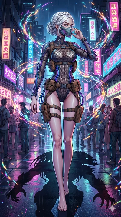 score_9, masterpiece, best quality, ultra-detailed, Set A: High-budget Anime Keyframe, Korean woman. Low angle cowboy shot filling the entire 9:16 frame with her statuesque presence. Adjusting a mask through a futuristic night market, while her shado
