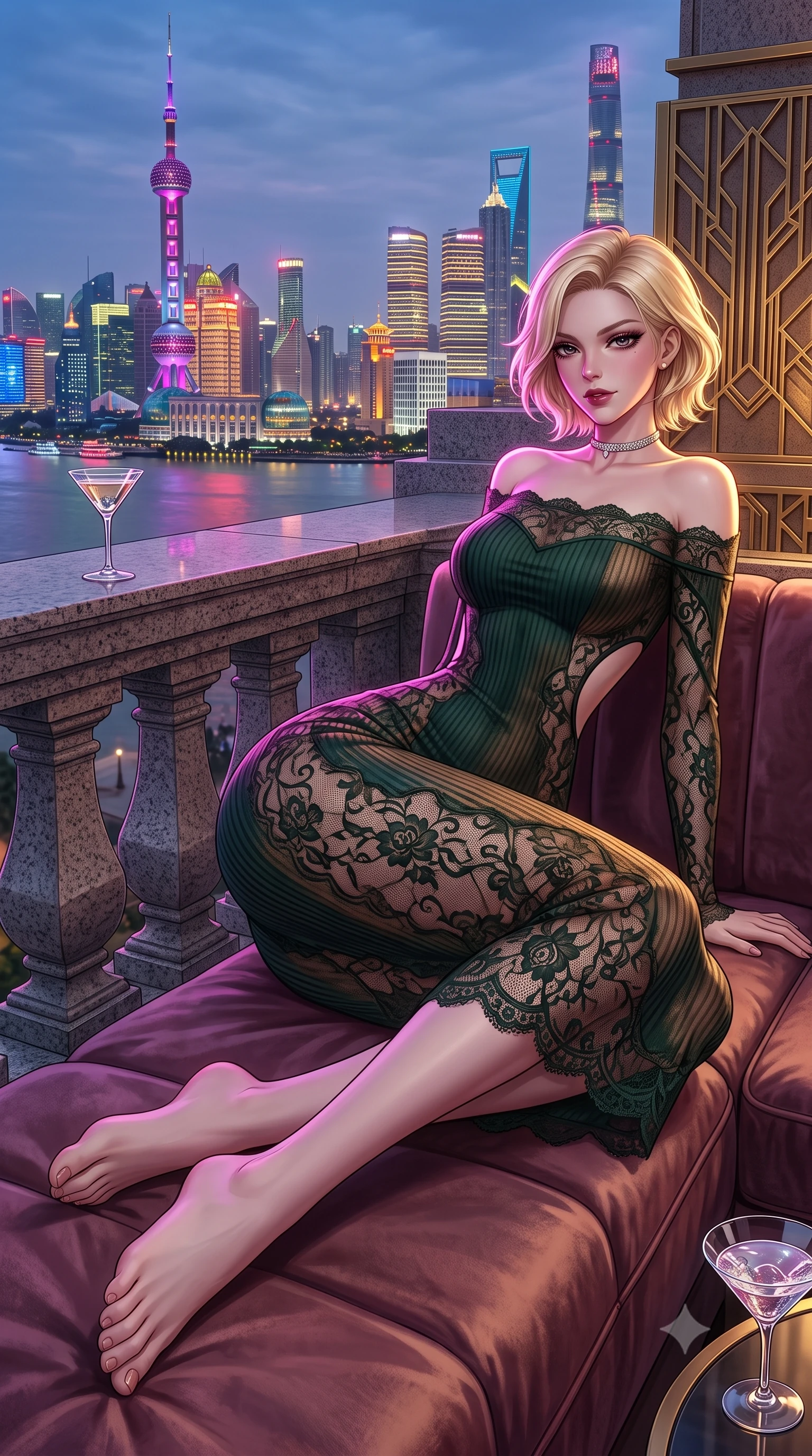 score_9, masterpiece, best quality, ultra-detailed, high-budget anime keyframe, semi-realistic 3D game render, editorial fashion photography, tasteful artistic composition, Caucasian woman. low angle full-body shot from head to toe showing her feet, filling the entire 9:16 vertical frame with her statuesque presence, stretching her vertical silhouette. reclining languidly across the velvet banquette with one knee bent and hips angled toward the camera, displaying her toned midriff and long slender limbs with effortless sensual charisma while standing poised at the granite balustrade of a high Bund rooftop, arching her back with sovereign poise against the colossal neon Pudong skyline across the river. The surrounding environment is rendered in vivid detail and crisp panoramic clarity. sharp art deco brass geometric relief, polished riverfront granite texture, and crystal cocktail glass clarity in deep focus. She has an exceptionally tall and slender model-like 8.5-heads proportion, an ultra-slim waist, a flat toned midriff, narrow delicate ribcage, and beautifully sculpted feminine hips creating a graceful, slim hourglass silhouette without any bulky heaviness, with impossibly long slender legs. sharp v-shaped jawline, high-bridge nose, intricate jewel-like dark sparkling eyes with dangerous depth, thick curled eyelashes, glossy parted lips with a rich wine sheen, smoldering seductive half-smile with bedroom-eyes, exuding effortless superiority and intoxicating dark allure, flawlessly proportioned anatomical accuracy, strict slender model proportions, natural body alignment, perfectly sculpted long slender limbs, ultra-slim waistline, clean dynamic posture without body distortion. wearing a form-contouring off-shoulder ribbed cashmere bodycon midi dress with a low-back scoop in dark emerald green and brushed antique bronze, crafted from sheer delicate Chantilly lace with intricate gothic floral motifs, finished with a delicate diamond choker catching the chandelier light, the precision-cut side openings and low-back scoop framing her graceful spine and the sensual sweep of her slim, toned hips. illuminated by crisp electric magenta and warm gold rim lights sharply carving her razor-sharp jawline, narrow waist, and curvy hips. highly saturated vibrant anime colors, detailed shading with soft gradients, rich glossy textures, high-contrast stereoscopic depth, volumetric dynamic lighting, master piece, 9:16 ratio
