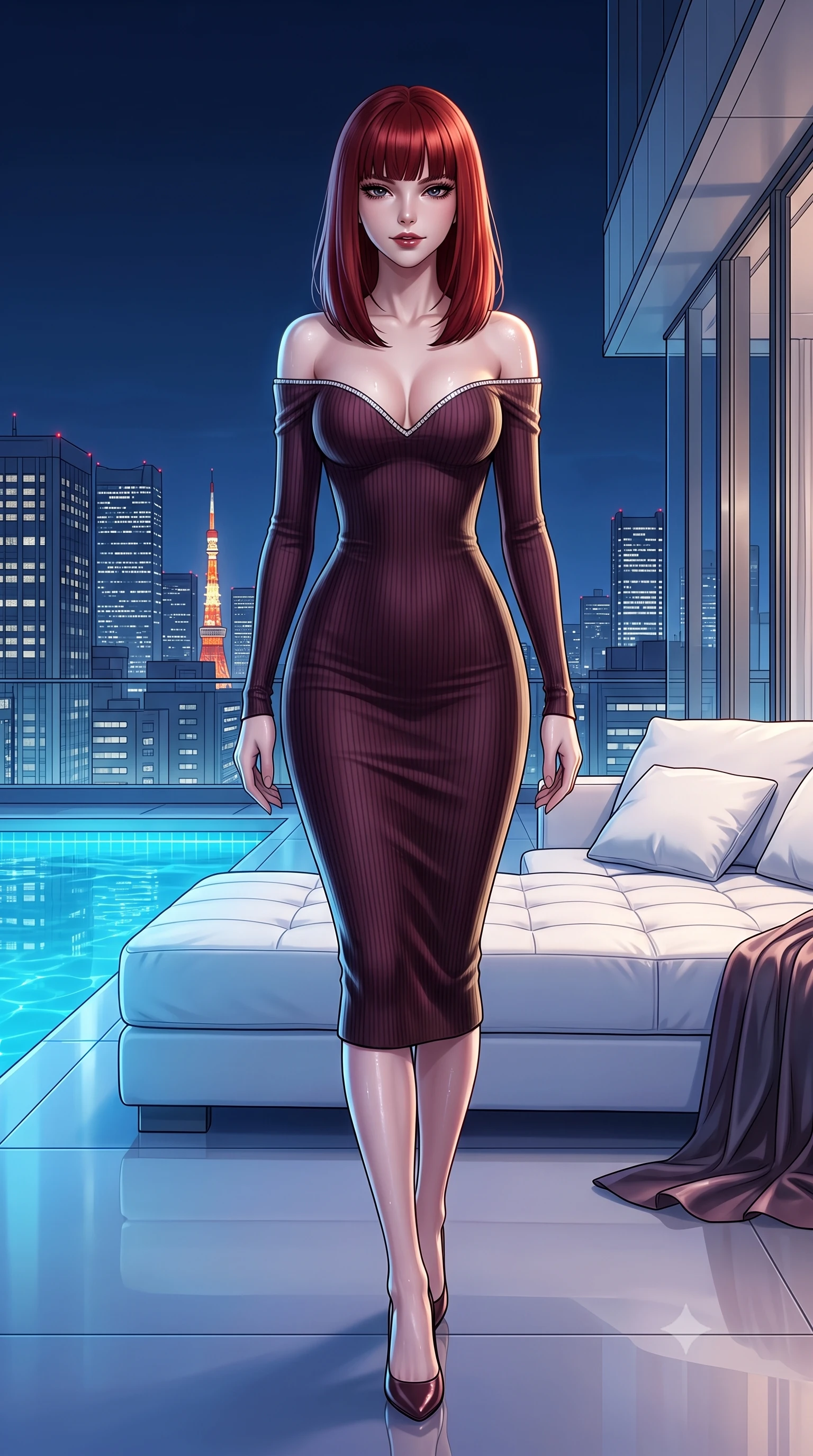 score_9, masterpiece, best quality, ultra-detailed, high-budget anime keyframe, semi-realistic 3D game render, editorial fashion photography, tasteful artistic composition, Caucasian woman. low angle full-body shot from head to toe showing her feet, filling the entire 9:16 vertical frame with her statuesque presence, stretching her vertical silhouette. striding forward gracefully across the reflective floor with sovereign supermodel poise, hips swaying in an alluring kinetic rhythm that accentuates her curvy hourglass silhouette and long slender legs while reclining gracefully on an oversized white leather daybed under the open midnight sky, her long slender legs and hourglass curves commanding the frame. The surrounding environment is rendered in vivid detail and crisp panoramic clarity. detailed evening wear sheen, glistening moisture on skin, and Tokyo skyline architectural precision in high resolution. She has an exceptionally tall and slender model-like 8.5-heads proportion, an ultra-slim waist, a flat toned midriff, narrow delicate ribcage, and beautifully sculpted feminine hips creating a graceful, slim hourglass silhouette without any bulky heaviness, with impossibly long slender legs. sharp v-shaped jawline, high-bridge nose, intricate jewel-like dark sparkling eyes with dangerous depth, thick curled eyelashes, glossy parted lips with a rich wine sheen, smoldering seductive half-smile with bedroom-eyes, exuding effortless superiority and intoxicating dark allure, flawlessly proportioned anatomical accuracy, strict slender model proportions, natural body alignment, perfectly sculpted long slender limbs, ultra-slim waistline, clean dynamic posture without body distortion. wearing a form-contouring off-shoulder ribbed cashmere bodycon midi dress with a low-back scoop in dark mulberry wine and antique champagne, made of liquid-tight stretch jersey emphasizing every curve of her body, finished with subtle crystal rhinestones lining the plunging neckline, the glove-like silhouette tightly following the natural contour of her hips and long slender legs with youthful 8.5-heads elegance. illuminated by underwater pool LED accents and crisp platinum rim lighting sharply defining her slim waist, toned midriff, and curvy hips. highly saturated vibrant anime colors, detailed shading with soft gradients, rich glossy textures, high-contrast stereoscopic depth, volumetric dynamic lighting, master piece, 9:16 ratio