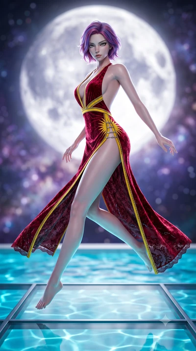 score_9, masterpiece, best quality, ultra-detailed, high-budget anime keyframe, semi-realistic 3D game render, editorial fashion photography, tasteful artistic composition, Caucasian woman. low angle full-body shot from head to toe showing her feet, 
