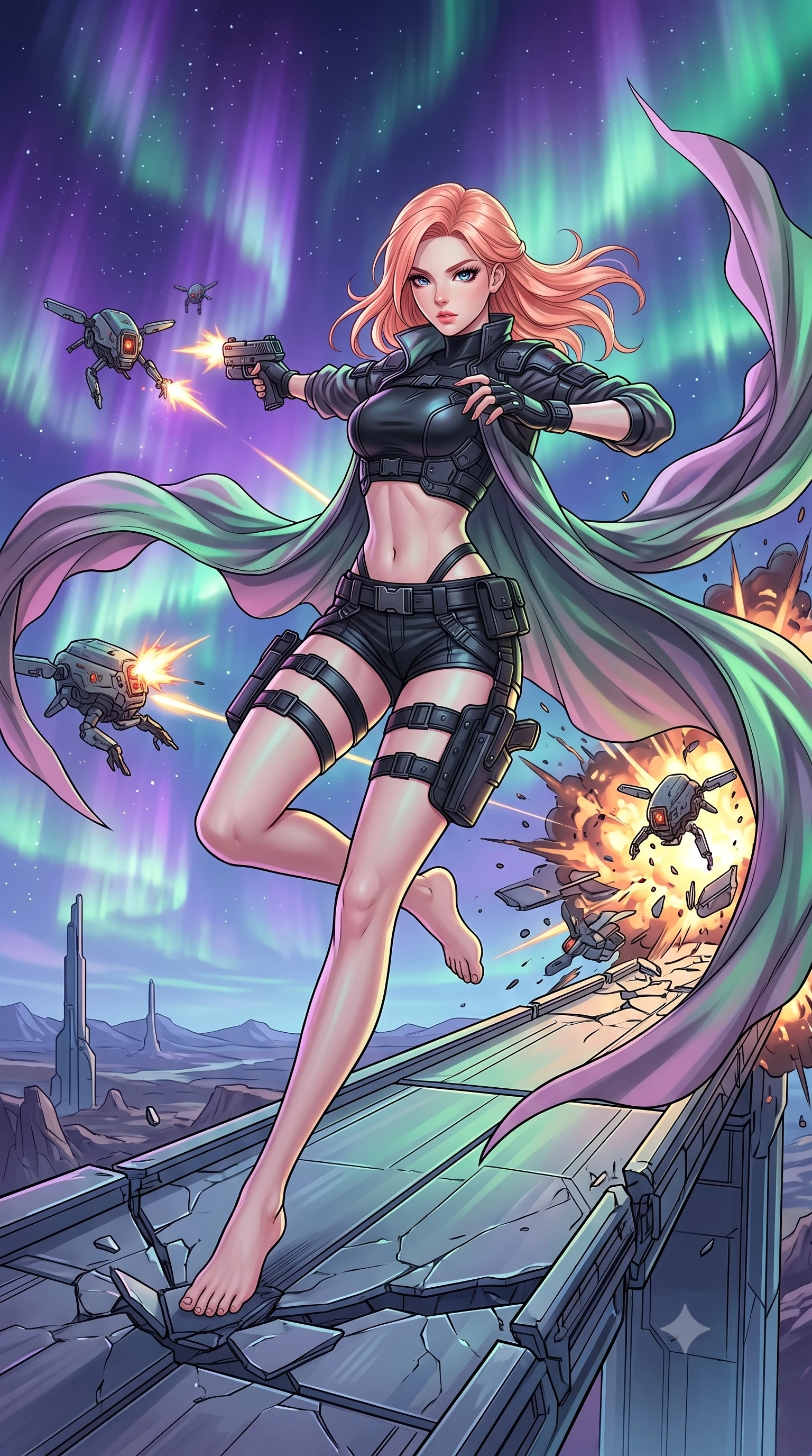score_9, masterpiece, best quality, ultra-detailed, high-budget anime keyframe, editorial fashion photography, tasteful artistic composition, Japanese woman. low angle full-body shot from head to toe showing her feet, filling the entire 9:16 vertical frame with her statuesque presence, stretching her vertical silhouette. leaping dynamically off a collapsing sky-bridge while firing back at security drones through the sky of an alien planet filled with dancing violet and green cosmic ray curtains stretching down to basalt plains. She has a statuesque 8.5-heads proportion, an exceptionally tall, slender and willowy model-like build with impossibly long legs and a highly sculpted ultra-slim waist. sharp v-shaped jawline, high-bridge nose, intricate jewel-like eyes with depth, thick eyelashes, glossy lips with a natural sheen. wearing the lightweight fabric rippling and billowing dramatically with her movement, a slim-fit cyber-tactical crop top in matte black leather, paired with matching micro-shorts and black leather thigh straps, revealing her delicately sculpted midriff. highly saturated vibrant anime colors, intense vivid color palette, soft 3D volumetric shading, volumetric dynamic lighting, shifting aurora colors painting the landscape and her suit in emerald and mauve. 2k, ultra detail, master piece, 9:16 ratio