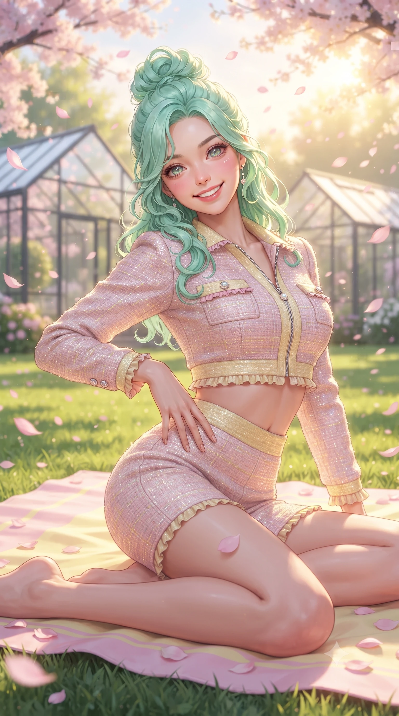 score_9, masterpiece, best quality, ultra-detailed, high-budget anime keyframe, editorial fashion photography, tasteful artistic composition, Japanese woman. close-up cowboy shot from the waist and thighs up, the character dominates the composition, filling the frame with her large presence. tilting her head with a cute beaming smile while arching her spine with effortless dancer poise, one hand sliding along her hip line in a flirtatious S-curve while sitting on a pastel picnic blanket on the sunlit green lawn, arching her back with a bright, delighted smile as pink sakura petals shower around her. The composition keeps background elements in soft focus with dreamy creamy bokeh. modern glass greenhouse pavilions and drifting petals softened in romantic spring shallow focus. She has an exceptionally elegant, slender, and willowy female figure with an ultra-slim waist, flat toned midriff, narrow ribcage, and sculpted feminine hips creating an alluring, slim hourglass silhouette without bulk. sharp v-shaped jawline, high-bridge nose, intricate jewel-like sparkling eyes with depth, thick eyelashes, glossy parted lips with a natural peach sheen, bright cheerful beaming smile with an enchanting and coquettish sensual glint, exuding both youthful cute charm and seductive allure, flawlessly proportioned anatomical accuracy, strict slender model proportions, natural body alignment, perfectly sculpted long slender limbs, ultra-slim waistline, clean dynamic posture without body distortion. wearing a sporty chic zip-up crop jacket paired with high-waisted biker shorts clinging to her athletic hips in sweet strawberry milk pink and butter yellow, tailored from soft pastel tweed with subtle metallic shimmer, finished with subtle ruffle trims and delicate pearl buttons, the glove-like silhouette tightly following the natural contour of her hips and long slender legs with youthful 8.5-heads elegance. bathed in warm, golden spring morning sunlight streaming through flowering tree canopies. ultra-reflective glossy finish, specular highlights, rich textural contrasts, high-contrast stereoscopic depth, volumetric dynamic lighting, 2k, ultra detail, master piece, 9:16 ratio