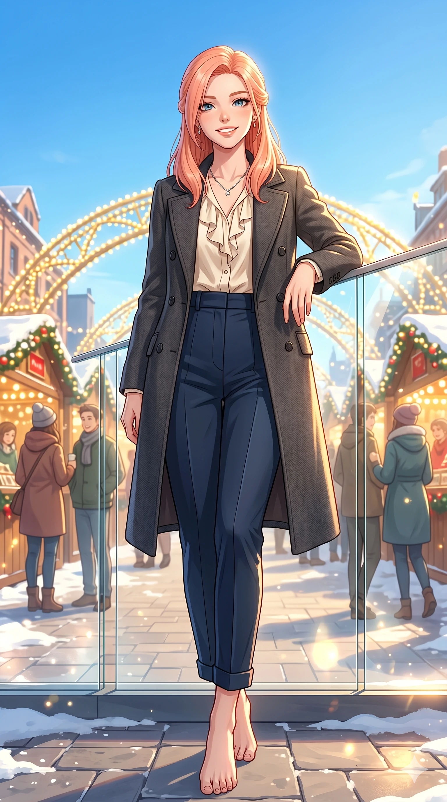 score_9, masterpiece, best quality, ultra-detailed, high-budget anime keyframe, vibrant anime aesthetic, Japanese woman. low angle full-body shot from head to toe showing her feet, filling the entire 9:16 vertical frame with her statuesque presence, stretching her vertical silhouette. She is leaning against a glass railing with a cheerful, sweet smile looking at the lens by a festive winter market square filled with bright golden lights under a clear blue sky (Code-P21-006). She has an absolutely perfect 8-heads proportion, an exceptionally tall and slender female figure with impossibly long slender legs and an ultra-slim waist. V-shaped jawline, high-bridge nose, intricate jewel-like eyes with depth, thick eyelashes, glossy lips with a natural sheen. wearing a double-breasted wool coat over a blouse and tailored pants. She is drenched in bright, warm sunbeams reflecting off the snowy ground, casting dancing highlights. 2k, ultra detail, master piece, 9:16 ratio