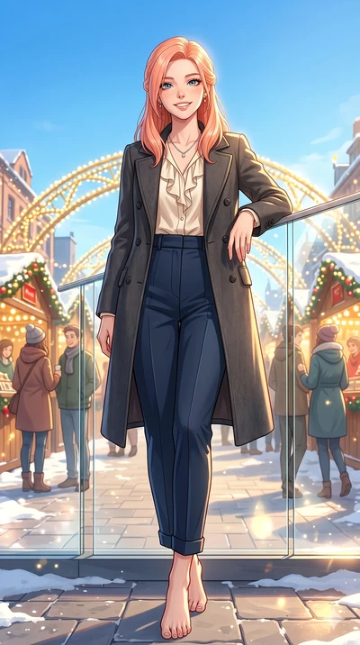score_9, masterpiece, best quality, ultra-detailed, high-budget anime keyframe, vibrant anime aesthetic, Japanese woman. low angle full-body shot from head to toe showing her feet, filling the entire 9:16 vertical frame with her statuesque presence, 