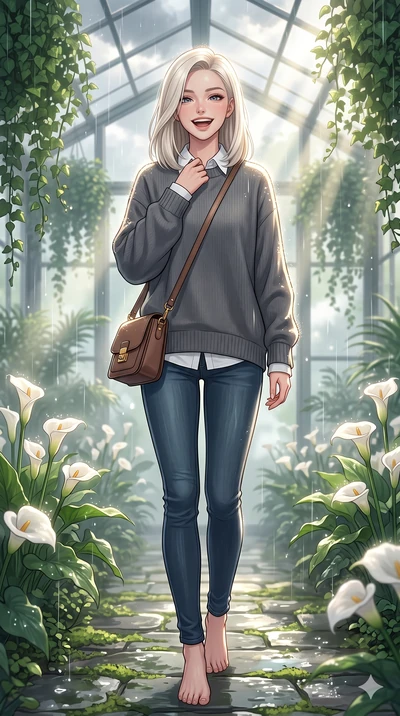 score_9, masterpiece, best quality, ultra-detailed, high-budget anime keyframe, vibrant anime aesthetic, Caucasian woman, strictly human ears. low angle full-body shot from head to toe showing her feet, filling the entire 9:16 vertical frame with her