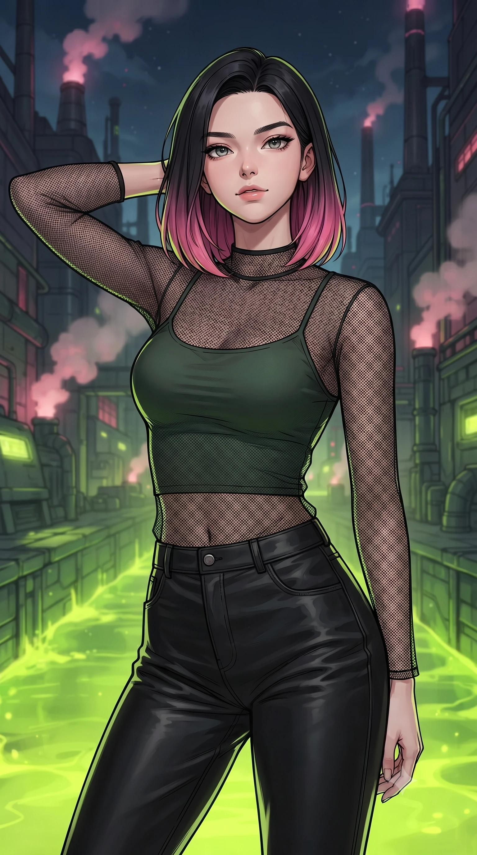 score_9, masterpiece, best quality, ultra-detailed, high-budget anime keyframe, gorgeous anime illustration, with clean line-art and distinct ink outlines, Korean woman. close-up cowboy shot from the waist and thighs up, the character dominates the composition, filling the frame with her large presence, background elements kept in soft focus. Placing one hand behind her head with confident body language and a direct stare. set against a soft-focus background of a futuristic canal filled with glowing lime-green bio-hazardous liquid, passing between towering dark metal factories with steam vents releasing pink vapor. She has an exceptionally elegant and slender, willowy female figure with an ultra-slim waist, a gracefully sculpted slender torso, and a refined slim physique. sharp v-shaped jawline, high-bridge nose, intricate jewel-like eyes with depth, thick eyelashes, glossy lips with a natural sheen. wearing a transparent black mesh top over a fitted dark green tank top, paired with leather trousers. intense lime-green underlighting from the canal liquid, contrasted with warm pink light from the steam vents and cool night sky. 2k, ultra detail, master piece, 9:16 ratio, vibrant anime color palette, detailed cel-shading with soft gradients, rich contrast, dynamic lighting, 2d animation style