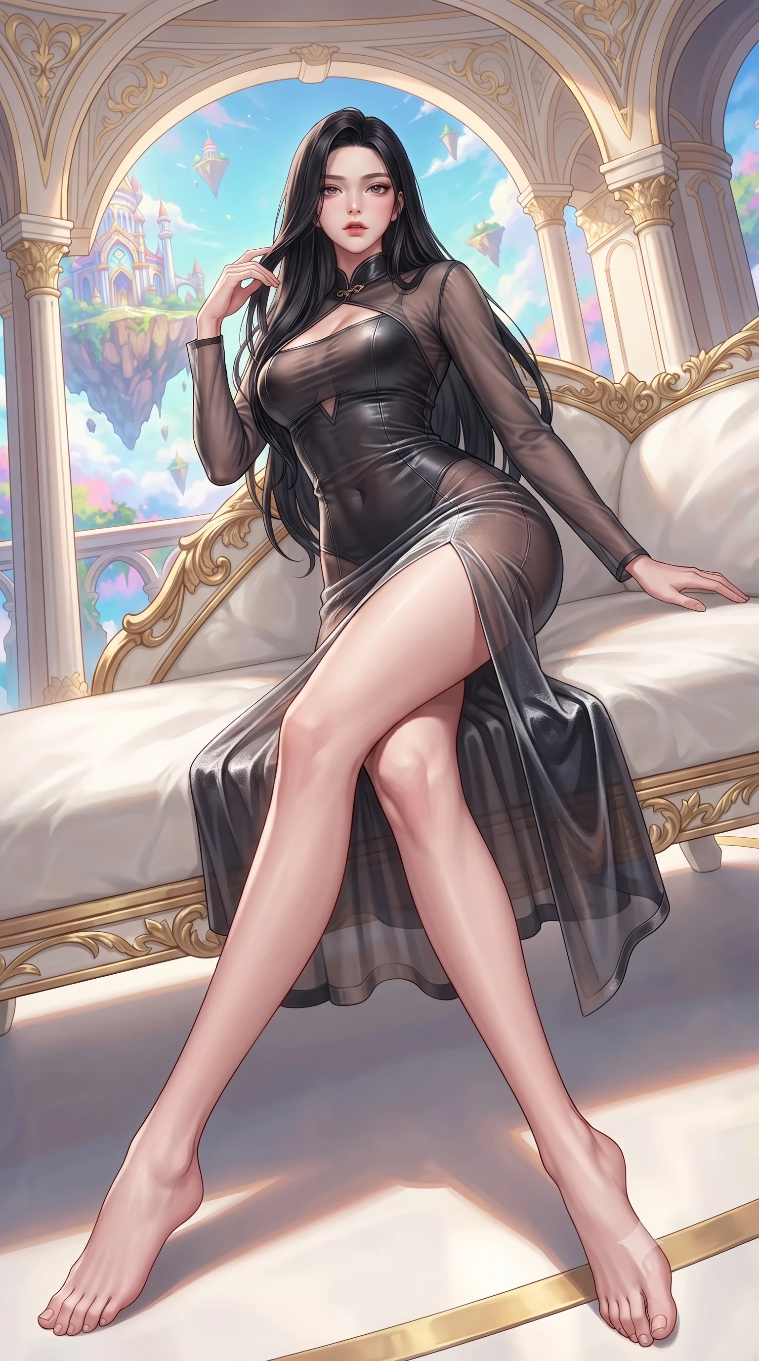 score_9, masterpiece, best quality, ultra-detailed, high-budget anime keyframe, editorial fashion photography, tasteful artistic composition, Korean woman. low angle full-body shot from head to toe showing her feet, filling the entire 9:16 vertical frame with her statuesque presence, stretching her vertical silhouette. forging dynamically through the scene, her vertical silhouette beautifully stretched resting on a luxurious white lounge chair overlooking a floating sky island, opulent gold-leaf trim and carved ivory archways framed beautifully. She has an absolutely perfect, statuesque 8.5-heads proportion, an exceptionally tall and slender model-like female figure with impossibly long slender legs and an ultra-slim waist. sharp v-shaped jawline, high-bridge nose, intricate jewel-like eyes with depth, thick eyelashes, glossy lips with a natural sheen. wearing a semi-opaque sheer overlay dress over a leather micro-bodysuit in charcoal grey and platinum, made of premium stretch velvet with a rich sheen, accented with a Tasteful chest slit framing her clavicle gracefully, the sleek second-skin texture accentuating her magnetic presence. lit by brilliant warm key light softening into smooth, elegant gradients. highly saturated vibrant anime colors, detailed shading with soft gradients, rich glossy textures, high-contrast stereoscopic depth, volumetric dynamic lighting, master piece, 9:16 ratio