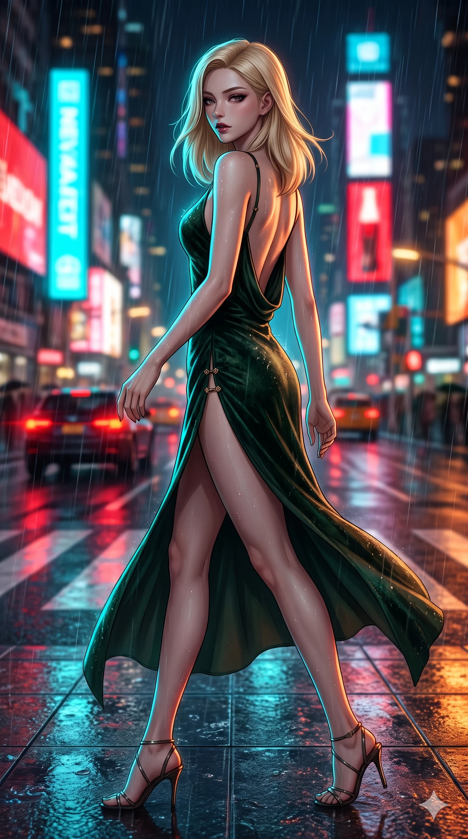 score_9, masterpiece, best quality, ultra-detailed, high-budget anime keyframe, semi-realistic 3D game render, editorial fashion photography, tasteful artistic composition, Korean woman. low angle full-body shot from head to toe showing her feet, filling the entire 9:16 vertical frame with her statuesque presence, stretching her vertical silhouette. striding across the rain-swept glass terrace, nocturnal breezes whipping her garments open to accentuate her long slender legs and curvy hips while glancing over her bare shoulder with parted glossy lips, her hips angled back in a seductive silhouette against the blurred city traffic. The background shows a soft-focus towering neon LED video screens, streaking red car taillights, and wet pedestrian crosswalk blurred into scarlet, cyan, and amber bokeh. She has an exceptionally tall and slender model-like 8.5-heads proportion, an ultra-slim waist, a flat toned midriff, narrow delicate ribcage, and beautifully sculpted feminine hips creating a graceful, slim hourglass silhouette without any bulky heaviness, with impossibly long slender legs. sharp v-shaped jawline, high-bridge nose, intricate jewel-like dark sparkling eyes with dangerous depth, thick curled eyelashes, glossy parted lips with a rich wine sheen, smoldering seductive half-smile with bedroom-eyes, exuding effortless superiority and intoxicating dark allure, flawlessly proportioned anatomical accuracy, strict slender model proportions, natural body alignment, perfectly sculpted long slender limbs, ultra-slim waistline, clean dynamic posture without body distortion. wearing a form-contouring gossamer silk chiffon slip dress with a hip-high slit and open cowl back clinging with rain-dew in deep velvet forest green and antique brass, tailored from crushed dark velvet with deep light-absorbing plush texture, finished with an ultra-high side slit secured by miniature jeweled clasps, the precision-cut side openings and low-back scoop framing her graceful spine and the sensual sweep of her slim, toned hips. illuminated by mirror-wet road surface bounce and sharp electric-cyan rim lights defining her razor-sharp jawline, narrow waist, and curvy hips. highly saturated vibrant anime colors, detailed shading with soft gradients, rich glossy textures, high-contrast stereoscopic depth, volumetric dynamic lighting, master piece, 9:16 ratio