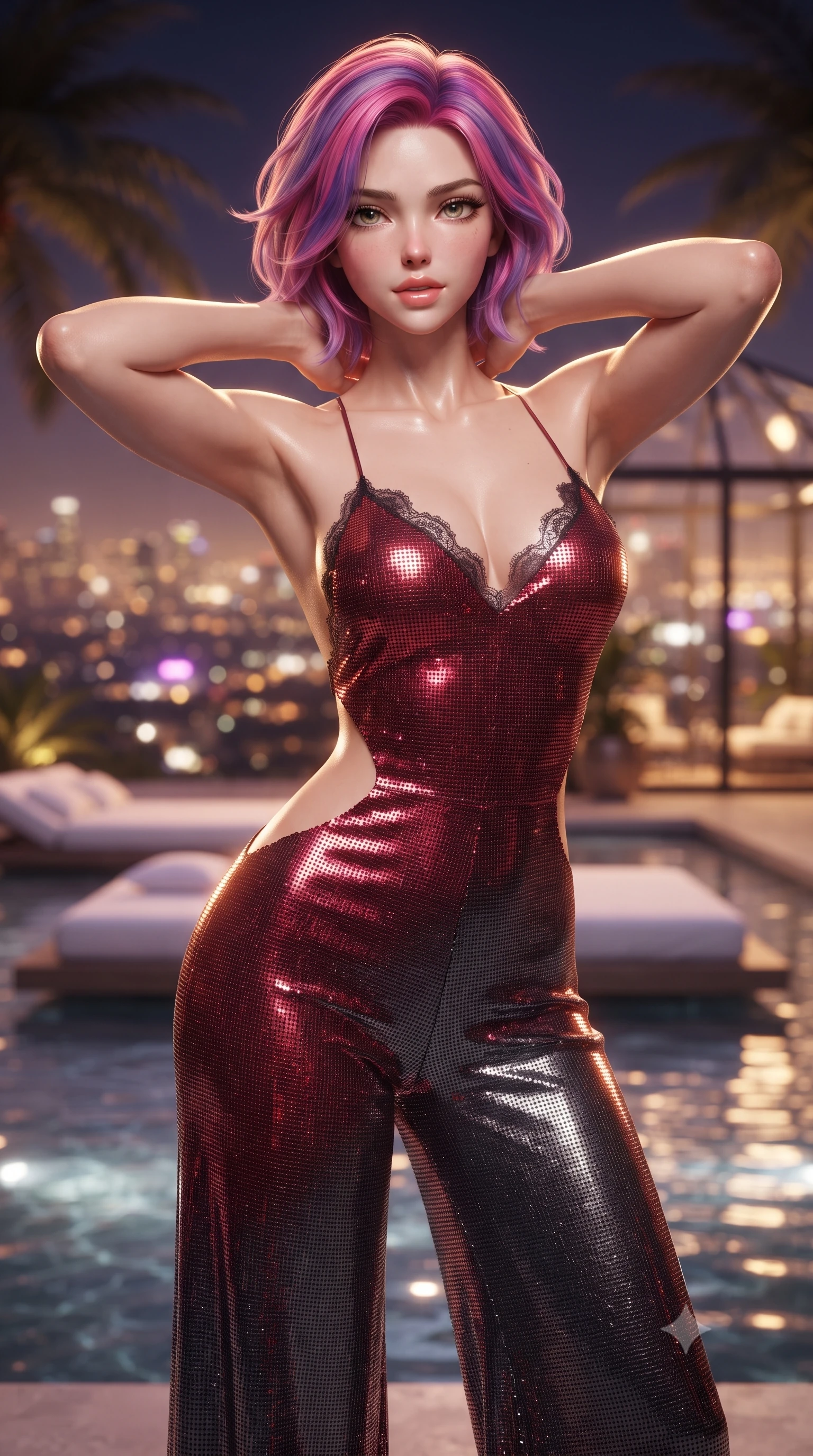 score_9, masterpiece, best quality, ultra-detailed, high-budget anime keyframe, editorial fashion photography, tasteful artistic composition, Caucasian woman. close-up cowboy shot from the waist and thighs up, the character dominates the composition, filling the frame with her large presence. resting both hands lightly behind her neck with elbows raised, arching her spine to highlight her narrow waist, flat midriff, and breathtaking collarbones while twisting her slender torso in an alluring S-curve, floating white daybeds and shimmering pool water reflecting her hourglass curves. The background shows a soft-focus the endless glowing grid of Los Angeles night lights, silhouette palm fronds, and mid-century glass pavilion blurred into gold, amber, and violet bokeh. She has an exceptionally elegant, slender, and willowy female figure with an ultra-slim waist, flat toned midriff, narrow ribcage, and sculpted feminine hips creating an alluring, slim hourglass silhouette without bulk. sharp v-shaped jawline, high-bridge nose, sparkling eyes with hypnotic seductive depth, thick curled eyelashes, glossy parted lips with a natural dewy peach sheen, alluring bedroom-eyes with an enchanting coquettish smile, exuding magnetic siren charisma and sophisticated glamour, flawlessly proportioned anatomical accuracy, strict slender model proportions, natural body alignment, perfectly sculpted long slender limbs, ultra-slim waistline, clean dynamic posture without body distortion. wearing a backless plunge-front silk satin jumpsuit with fluid wide-leg silhouette and side hip cutouts in rich cherry lacquer and smoky charcoal, crafted from shimmering fluid chainmail mesh reflecting ambient lights, finished with scalloped eyelash lace trim framing her sweetheart neckline with intimate elegance, the second-skin tailored fabric adhering flawlessly to her sculpted flat midriff and slender torso, emphasizing her long leg lines and perfectly proportioned willowy build. bathed in warm 2800K glasshouse interior downlighting paired with vast upward city grid light fill. ultra-reflective glossy finish, specular highlights, rich textural contrasts, high-contrast stereoscopic depth, volumetric dynamic lighting, 2k, ultra detail, master piece, 9:16 ratio