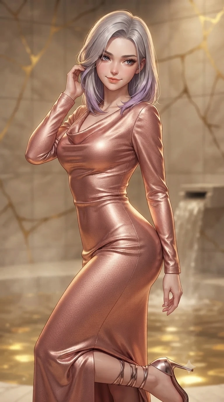 score_9, masterpiece, best quality, ultra-detailed, high-budget anime keyframe, editorial fashion photography, tasteful artistic composition, Caucasian woman. close-up cowboy shot from the waist and thighs up, the character dominates the composition, filling the frame with her large presence. gently brushing a lock of hair behind her ear while casting a playful, flirtatious side-gaze with long eyelashes while twisting her slender torso in an alluring contrapposto stance beside the water cascade, golden reflections caressing her narrow waist and curvy hips. The background shows a soft-focus thermal mineral steam softened in ultra-luxury private kintsugi spa shallow focus. She has an exceptionally elegant, slender, and willowy female figure with an ultra-slim waist, flat toned midriff, narrow ribcage, and sculpted feminine hips creating an alluring, slim hourglass silhouette without bulk. sharp v-shaped jawline, high-bridge nose, intricate jewel-like sparkling eyes with depth, thick eyelashes, glossy parted lips with a natural peach sheen, bright cheerful beaming smile with an enchanting and coquettish sensual glint, exuding both youthful cute charm and seductive allure, flawlessly proportioned anatomical accuracy, strict slender model proportions, natural body alignment, perfectly sculpted long slender limbs, ultra-slim waistline, clean dynamic posture without body distortion. wearing a refined long-sleeve cowl-neck satin evening gown with modest draped neckline and tailored waistline in rose-quartz blush and burnished copper, woven from structured carbon-fiber jacquard with rich textural depth, complemented by strappy stiletto sandals with metallic ankle wraps accentuating her slender calves, the bespoke structured tailoring following the natural line of her 8.5-heads silhouette with refined elegance. bathed in warm 2200K golden candlelight mixed with underwater liquid gold thermal LEDs. ultra-reflective glossy finish, specular highlights, rich textural contrasts, high-contrast stereoscopic depth, volumetric dynamic lighting, 2k, ultra detail, master piece, 9:16 ratio