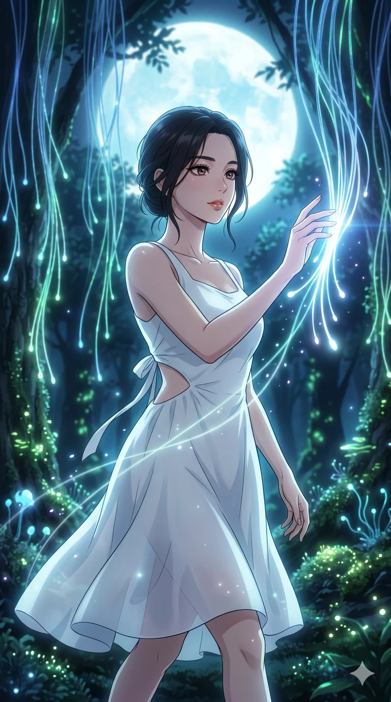 score_9, masterpiece, best quality, ultra-detailed, High-budget Anime Keyframe, vibrant colors, fluid line-art, expressive lighting, cinematic composition, Ufotable-style visual effects, top-tier animation quality, Korean woman with idol-like refined features. Upper body close-up from the thighs up, character filling the screen for maximum presence. Walking through a forest of fiber-optic vines that react to her touch by glowing brighter. She has an absolutely perfect 8-heads proportion, an exceptionally tall and slender female figure with impossibly long slender legs and an ultra-slim waist, her statuesque height and towering silhouette dominating the vertical 9:16 frame. Her face is a masterpiece featuring a sharp v-shaped jawline, high-bridge nose, intricate jewel-like eyes with depth, thick eyelashes, and glossy lips with a natural sheen. She is wearing a Flowy white linen sundress with a tie-back detail, asymmetrical cutouts on the waist, and sheer transparency.. The scene is set in a mystical grove under a giant glowing moon that illuminates the fiber-optic flora. 2k, ultra detail, master piece, 9:16 ratio