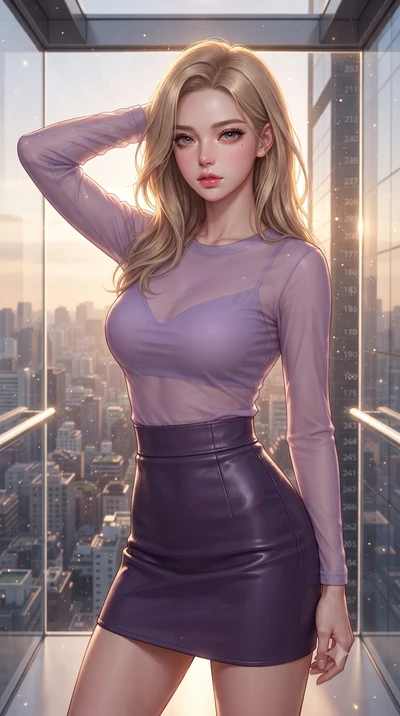 score_9, masterpiece, best quality, ultra-detailed, high-budget anime keyframe, editorial fashion photography, tasteful artistic composition, Korean woman. close-up cowboy shot from the waist and thighs up, the character dominates the composition, fi