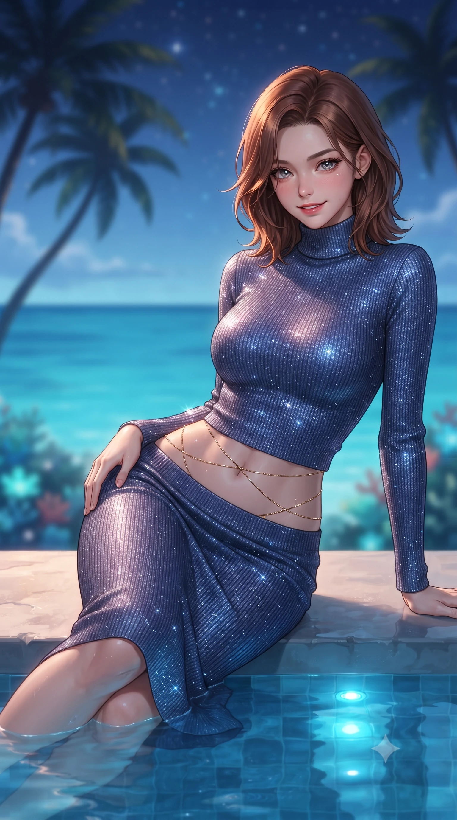 score_9, masterpiece, best quality, ultra-detailed, high-budget anime keyframe, editorial fashion photography, tasteful artistic composition, Korean woman. close-up cowboy shot from the waist and thighs up, the character dominates the composition, filling the frame with her large presence. tilting her head with a teasing half-smile, running one hand slowly down the side of her hip in a flirtatious S-curve as ambient light caresses her silhouette while lounging in the heated water propped on the pool rim with legs extended, her statuesque 8.5-heads silhouette commanding the idyllic seascape. The background shows a soft-focus infinite turquoise ocean horizon, silhouettes of curved coconut palms against twilight stars, and coral reef breaks blurred into cyan, sapphire, and diamond bokeh. She has an exceptionally elegant, slender, and willowy female figure with an ultra-slim waist, flat toned midriff, narrow ribcage, and sculpted feminine hips creating an alluring, slim hourglass silhouette without bulk. sharp v-shaped jawline, high-bridge nose, intricate jewel-like sparkling eyes with depth, thick eyelashes, glossy parted lips with a natural peach sheen, bright cheerful beaming smile with an enchanting and coquettish sensual glint, exuding both youthful cute charm and seductive allure, flawlessly proportioned anatomical accuracy, strict slender model proportions, natural body alignment, perfectly sculpted long slender limbs, ultra-slim waistline, clean dynamic posture without body distortion. wearing an ultra-sleek Florentine second-skin ribbed knit turtleneck midi dress hugging every millimeter of her hourglass frame in Vltava misty twilight cobalt and polished brass, woven from stretch metallic lurex jersey casting radiant starlight glints across her curves, accented with a dainty gold belly chain resting across her flat midriff and curving hips, the impeccably tailored cut draping gracefully along her slender figure with aristocratic poise. bathed in underwater pool sapphire LEDs mixed with warm 2800K deck lanterns and clear tropical starlight. ultra-reflective glossy finish, specular highlights, rich textural contrasts, high-contrast stereoscopic depth, volumetric dynamic lighting, 2k, ultra detail, master piece, 9:16 ratio
