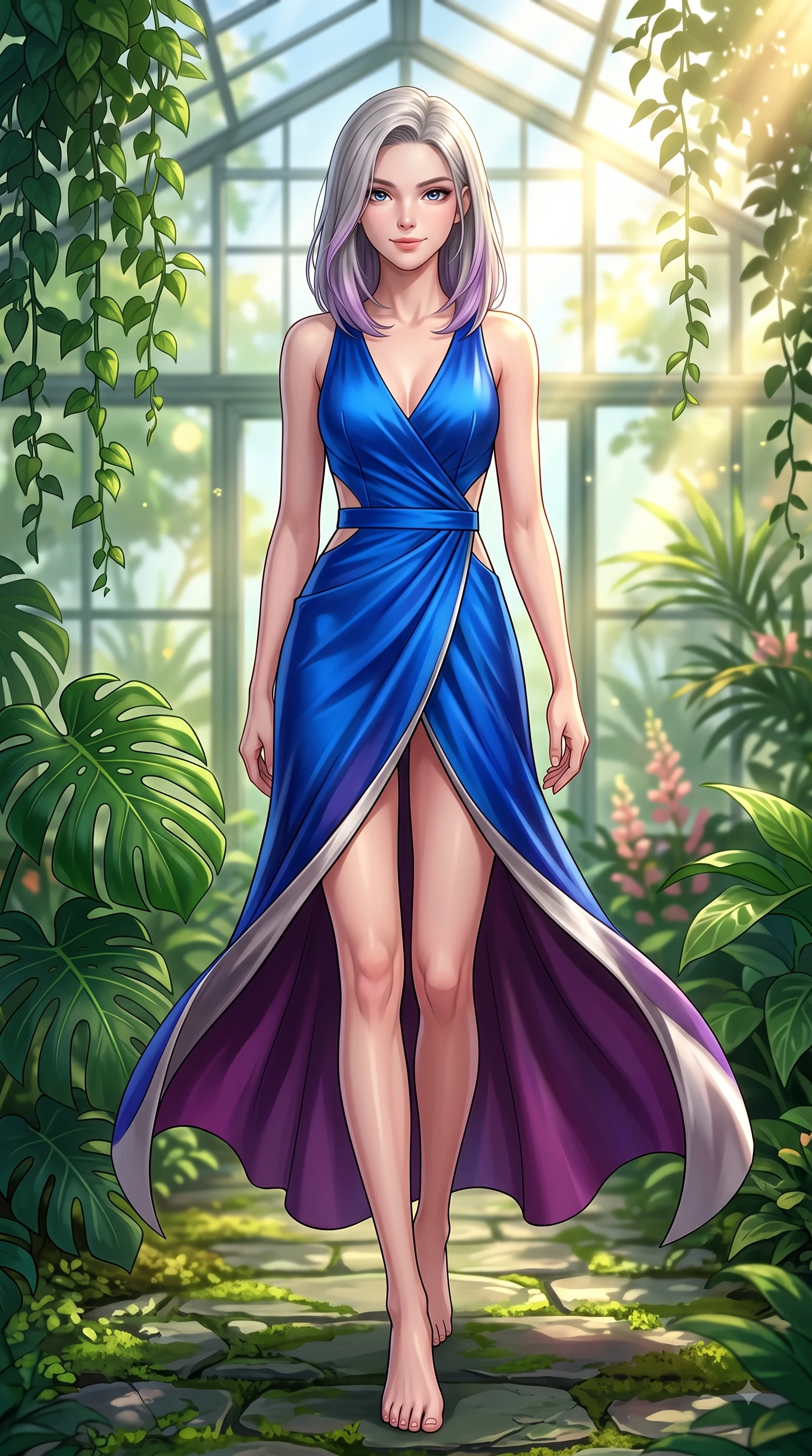score_9, masterpiece, best quality, ultra-detailed, high-budget anime keyframe, editorial fashion photography, tasteful artistic composition, Caucasian woman. low angle full-body shot from head to toe showing her feet, filling the entire 9:16 vertical frame with her statuesque presence, stretching her vertical silhouette. Airy, translucent innocence with a soft subtle smile and a clear, pristine gaze into the lens while strolling through a lush botanical glasshouse surrounded by deep emerald Monstera leaves. The composition keeps background elements in soft focus with dreamy bokeh. cascading botanical vines creating a soft, organic blurred background depth. She has an absolutely perfect, statuesque 8.5-heads proportion, an exceptionally tall and slender model-like female figure with impossibly long slender legs and an ultra-slim waist. sharp v-shaped jawline, high-bridge nose, intricate jewel-like eyes with depth, thick eyelashes, glossy lips with a natural sheen, flawlessly proportioned anatomical accuracy, natural body alignment, perfectly sculpted elegant limbs, clean dynamic posture without body distortion. wearing an electric cobalt blue silk wrap dress with a graceful flowing hem in rich plum violet and metallic platinum, crafted from smooth liquid silk satin, complemented by clean architectural seams and subtle cutouts, the form-contouring material accentuating her ultra-slim waist and long lines. bathed in bright golden sunbeams streaming through glasshouse panes. highly saturated vibrant anime colors, detailed shading with soft gradients, rich glossy textures, high-contrast stereoscopic depth, volumetric dynamic lighting, master piece, 9:16 ratio